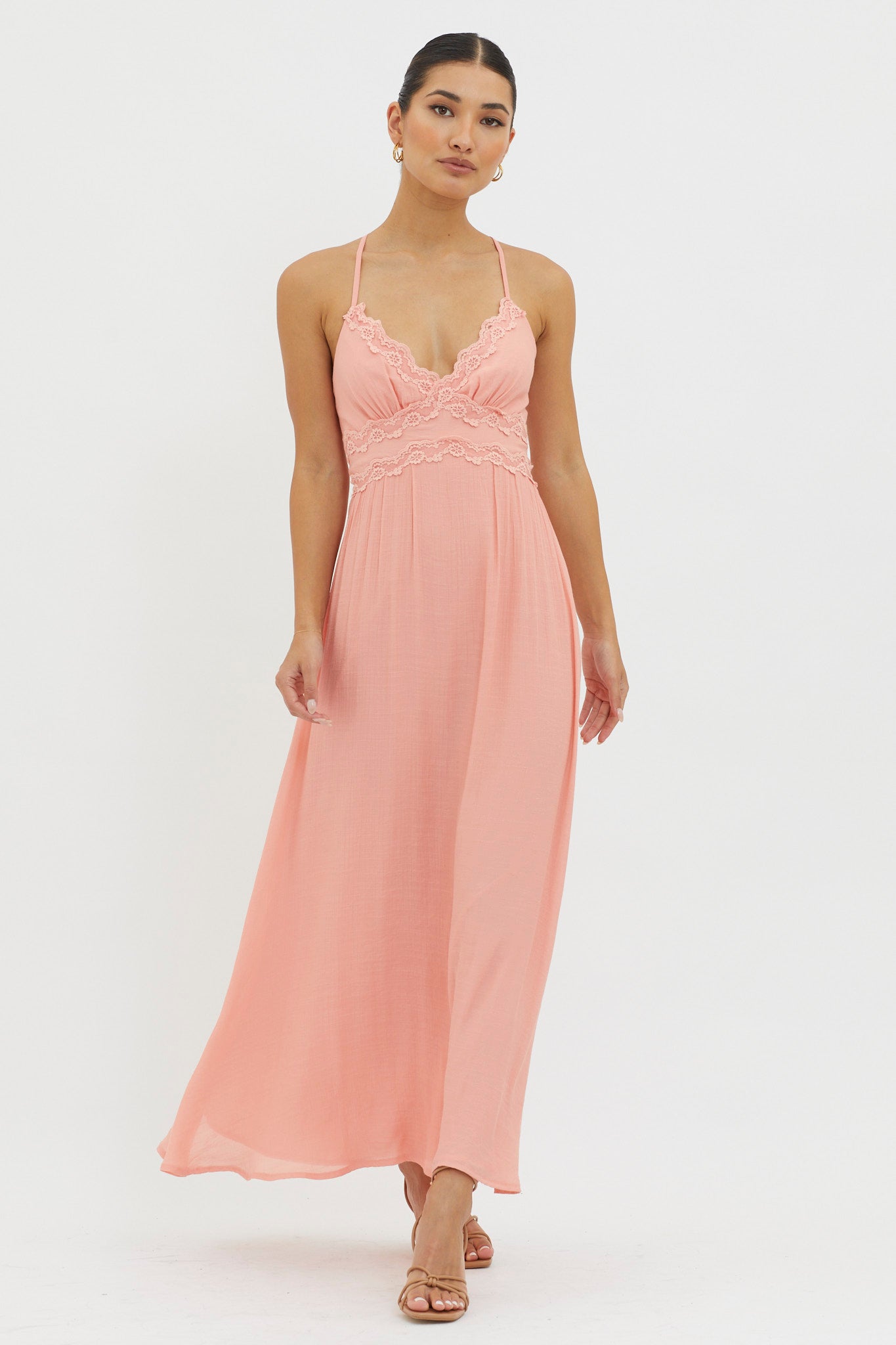 Slow It Down Lace Trim Maxi Dress Peach by Selfie Leslie Australia