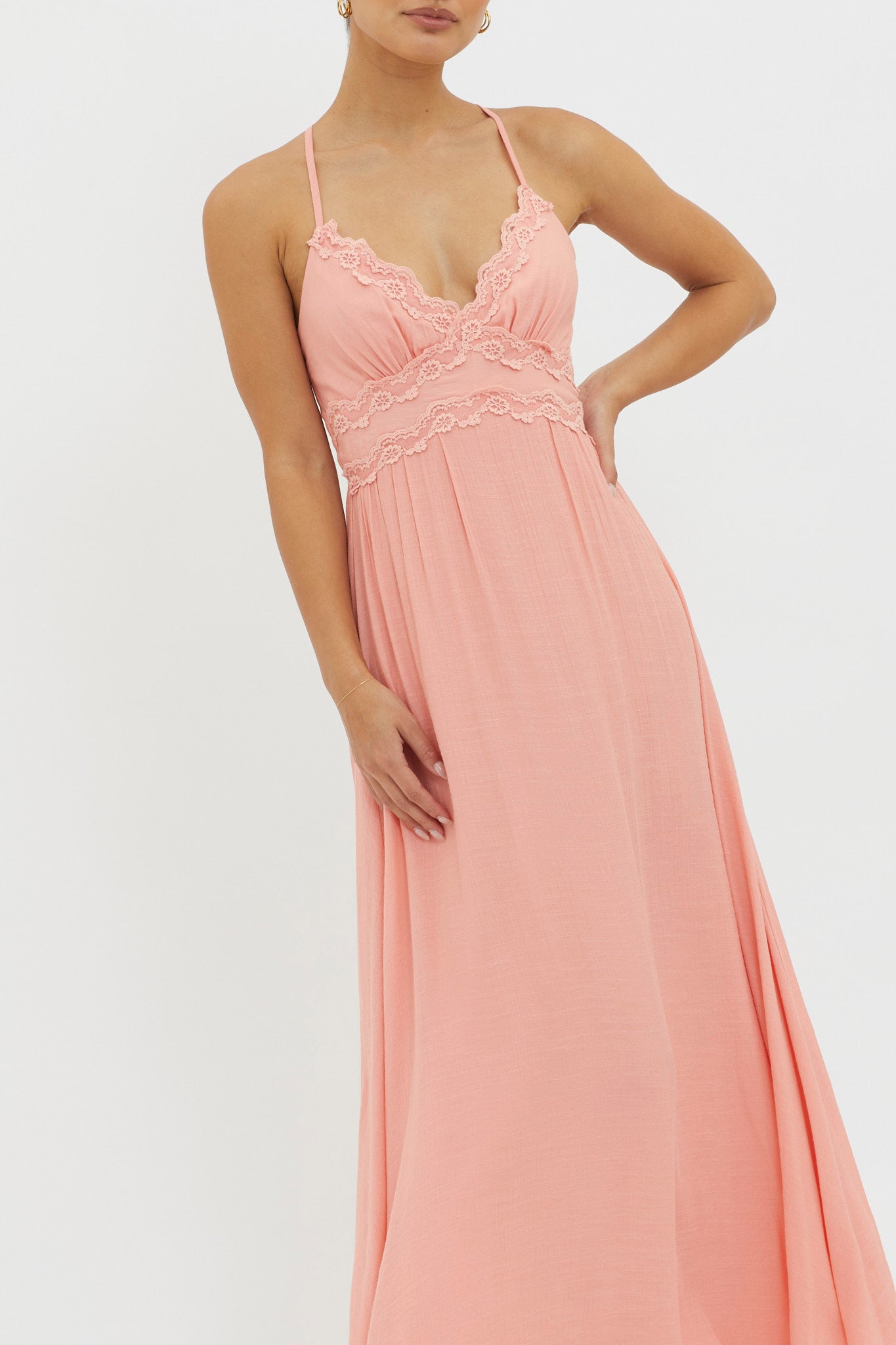 Slow It Down Lace Trim Maxi Dress Peach by Selfie Leslie Australia