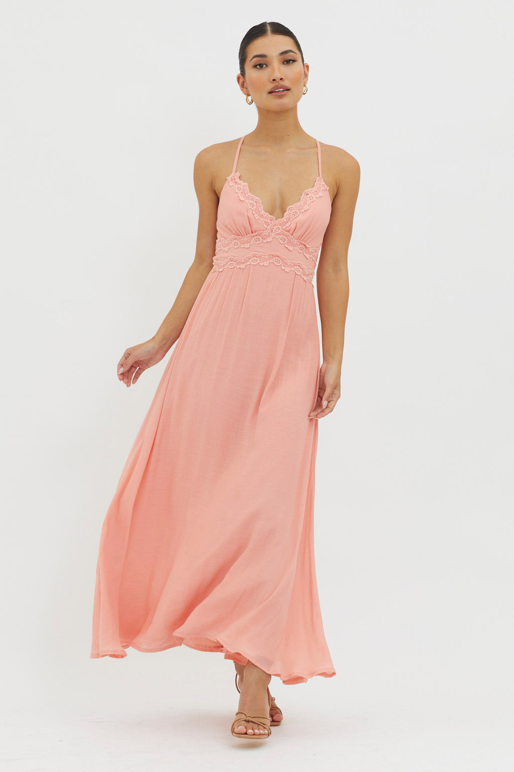 Slow It Down Lace Trim Maxi Dress Peach by Selfie Leslie Australia