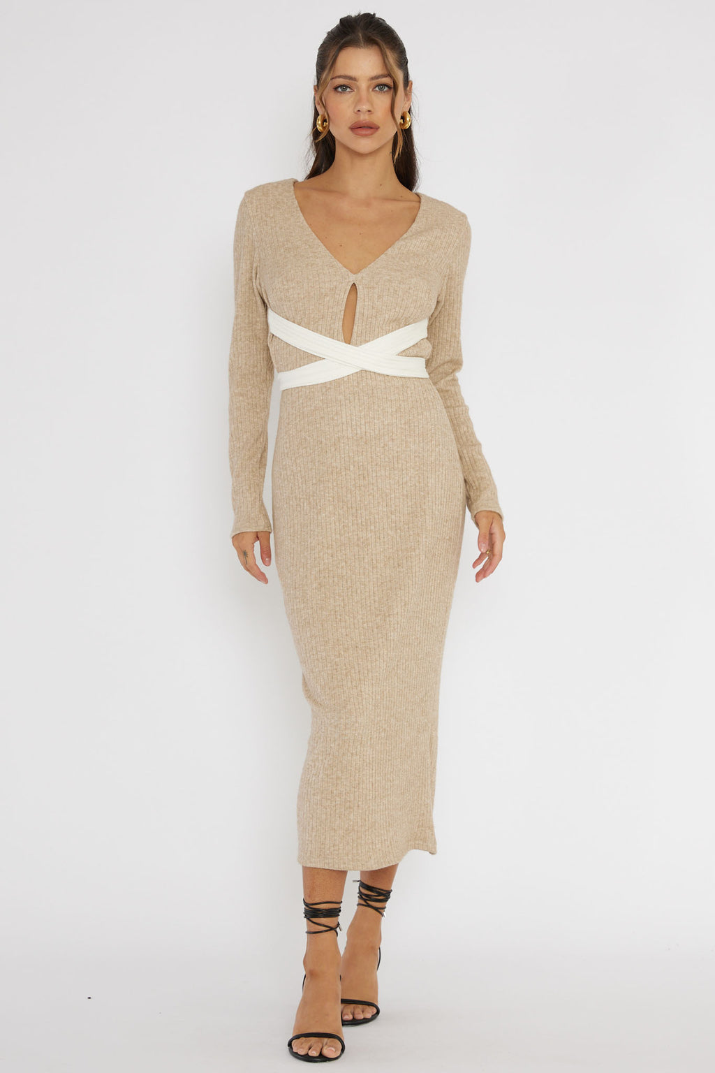 So Emotional Long Sleeve Cut-Out Knit Dress Oat by Selfie Leslie Australia