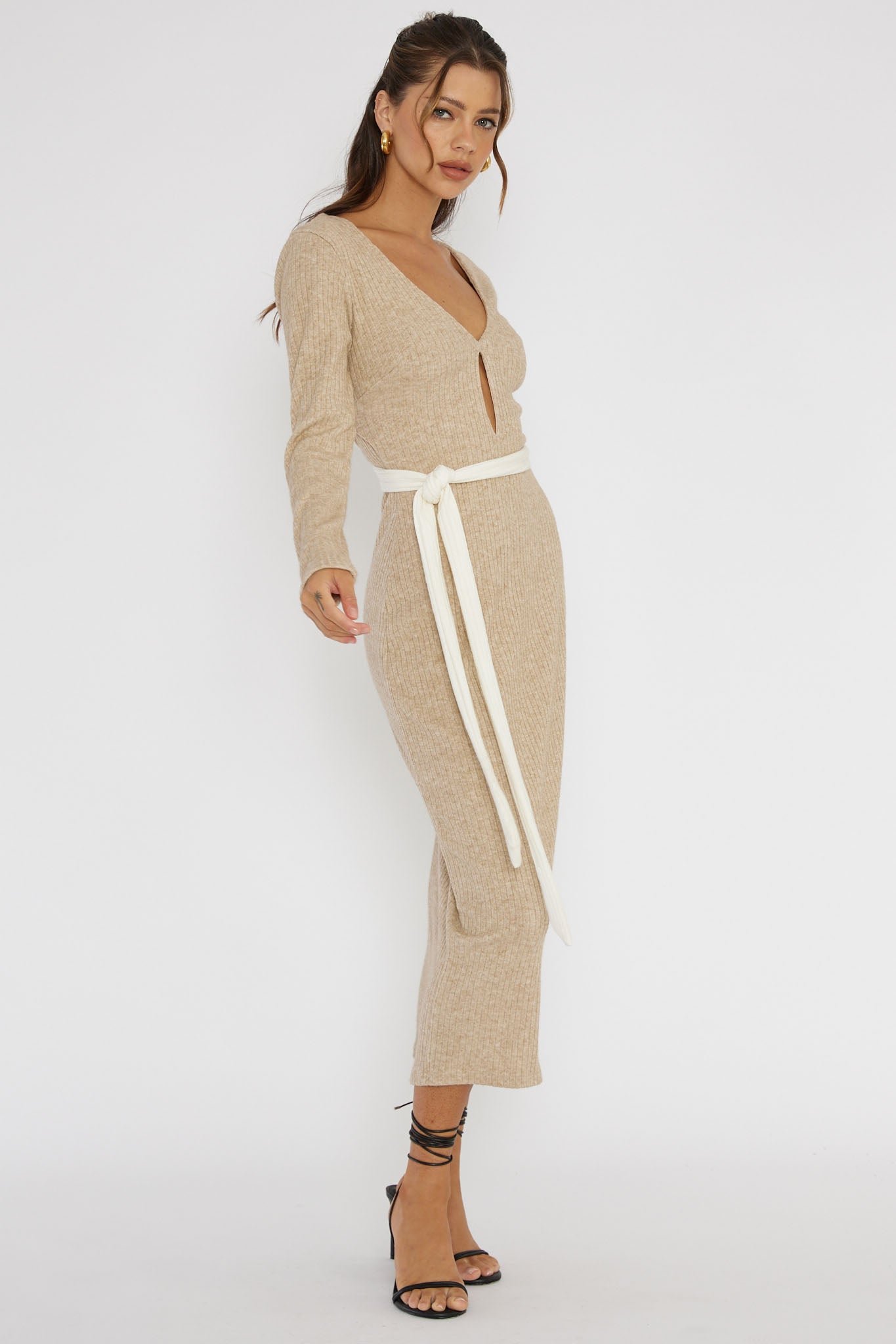 So Emotional Long Sleeve Cut-Out Knit Dress Oat by Selfie Leslie Australia