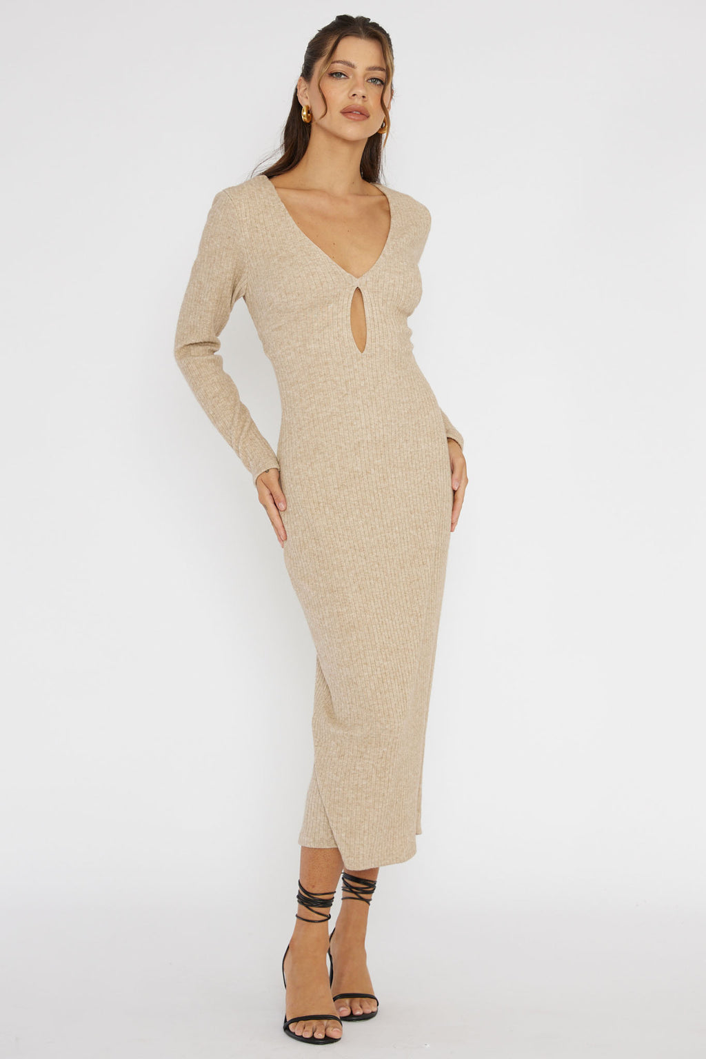 So Emotional Long Sleeve Cut-Out Knit Dress Oat by Selfie Leslie Australia