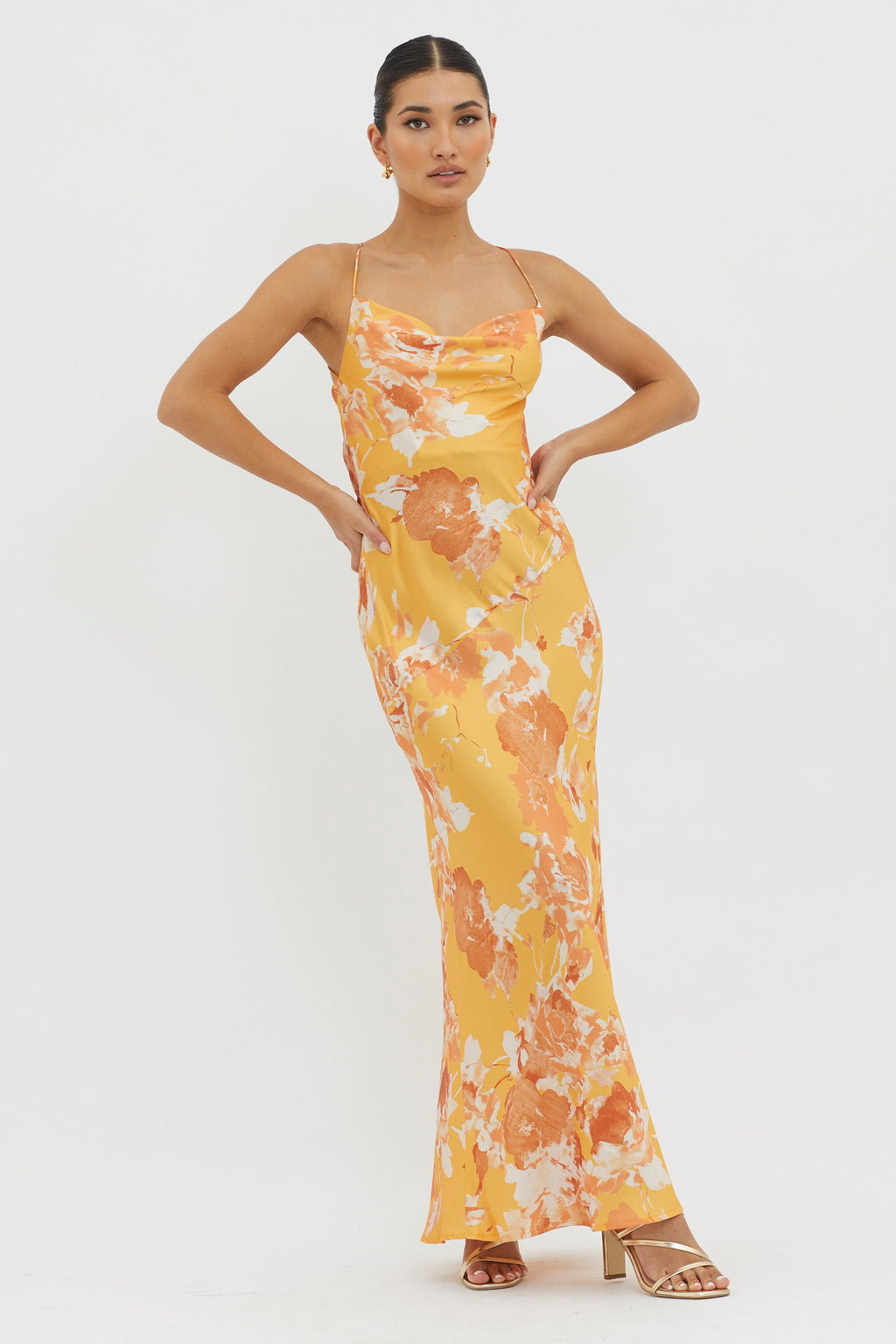 Dream Walk Cowl Back Tied Dress Print Orange by Selfie Leslie Australia