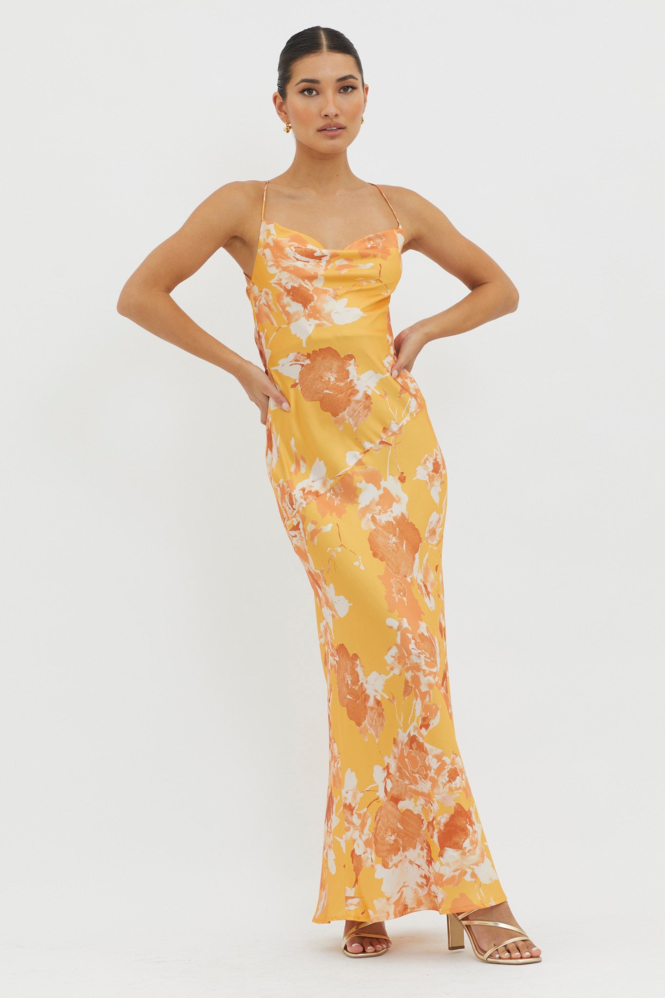Dream Walk Cowl Back Tied Dress Print Orange by Selfie Leslie Australia