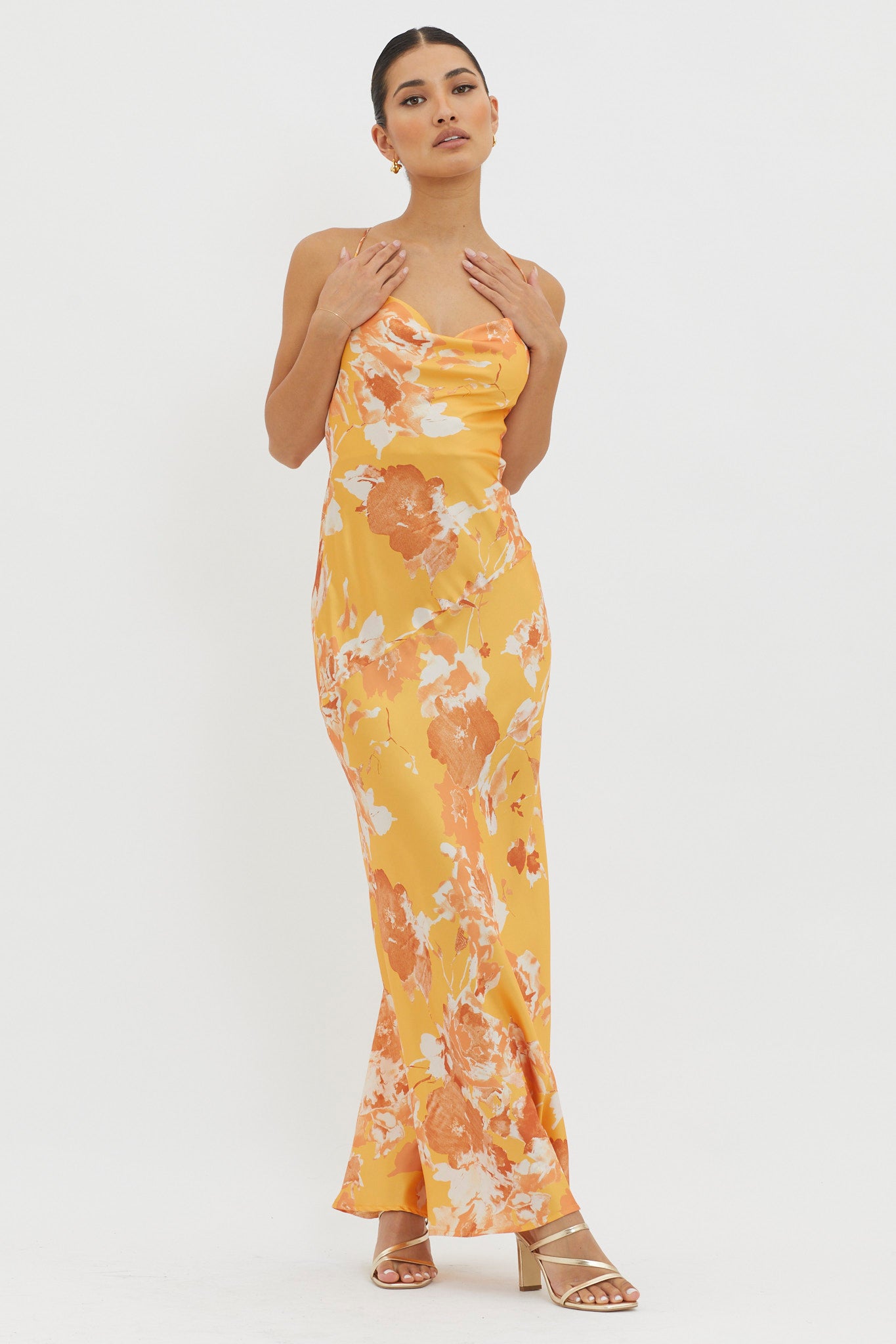 Dream Walk Cowl Back Tied Dress Print Orange by Selfie Leslie Australia