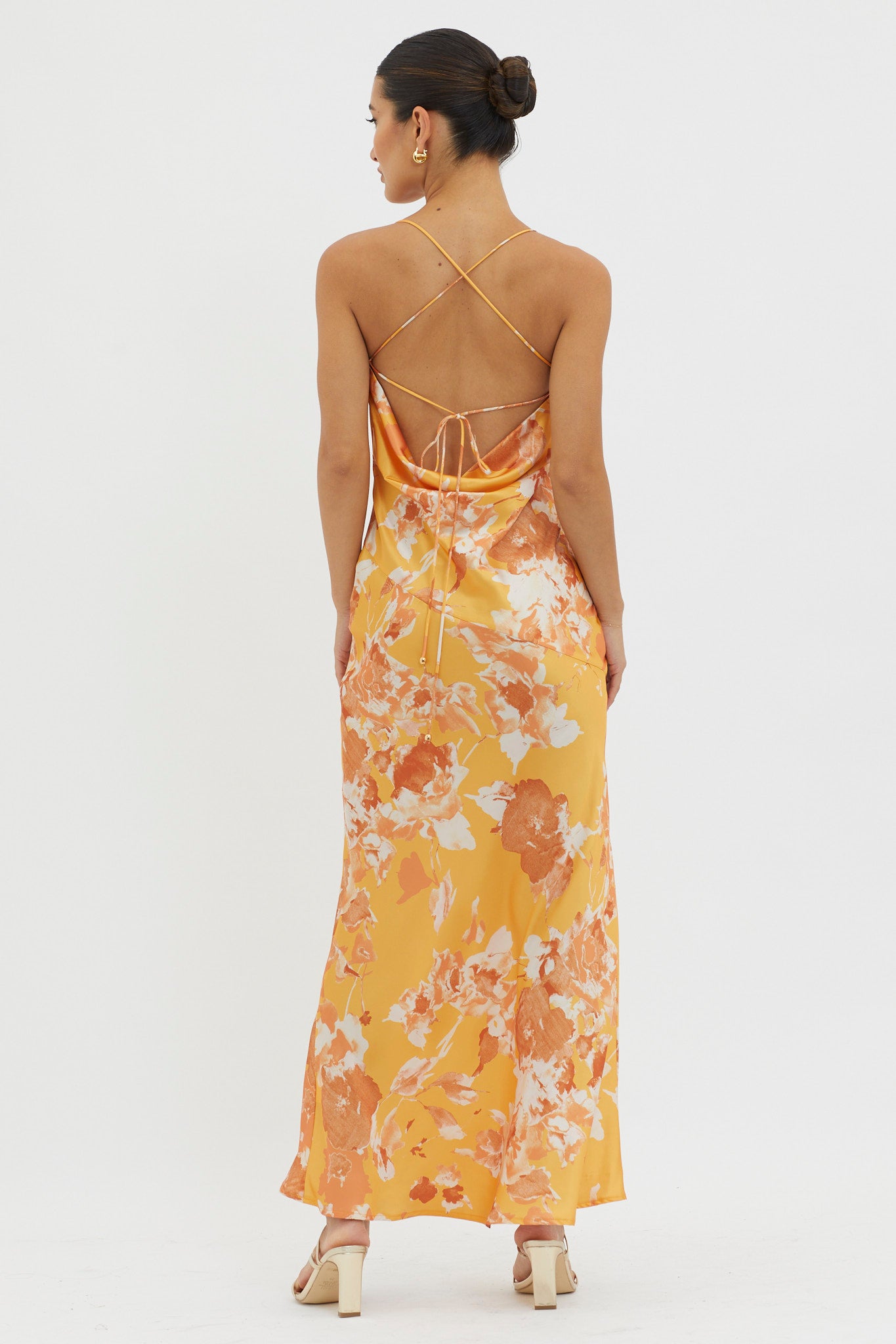 Dream Walk Cowl Back Tied Dress Print Orange by Selfie Leslie Australia