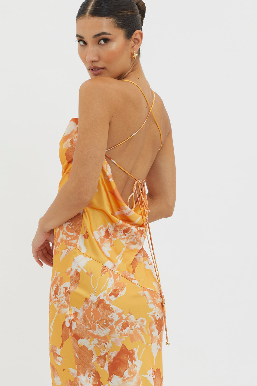 Dream Walk Cowl Back Tied Dress Print Orange by Selfie Leslie Australia