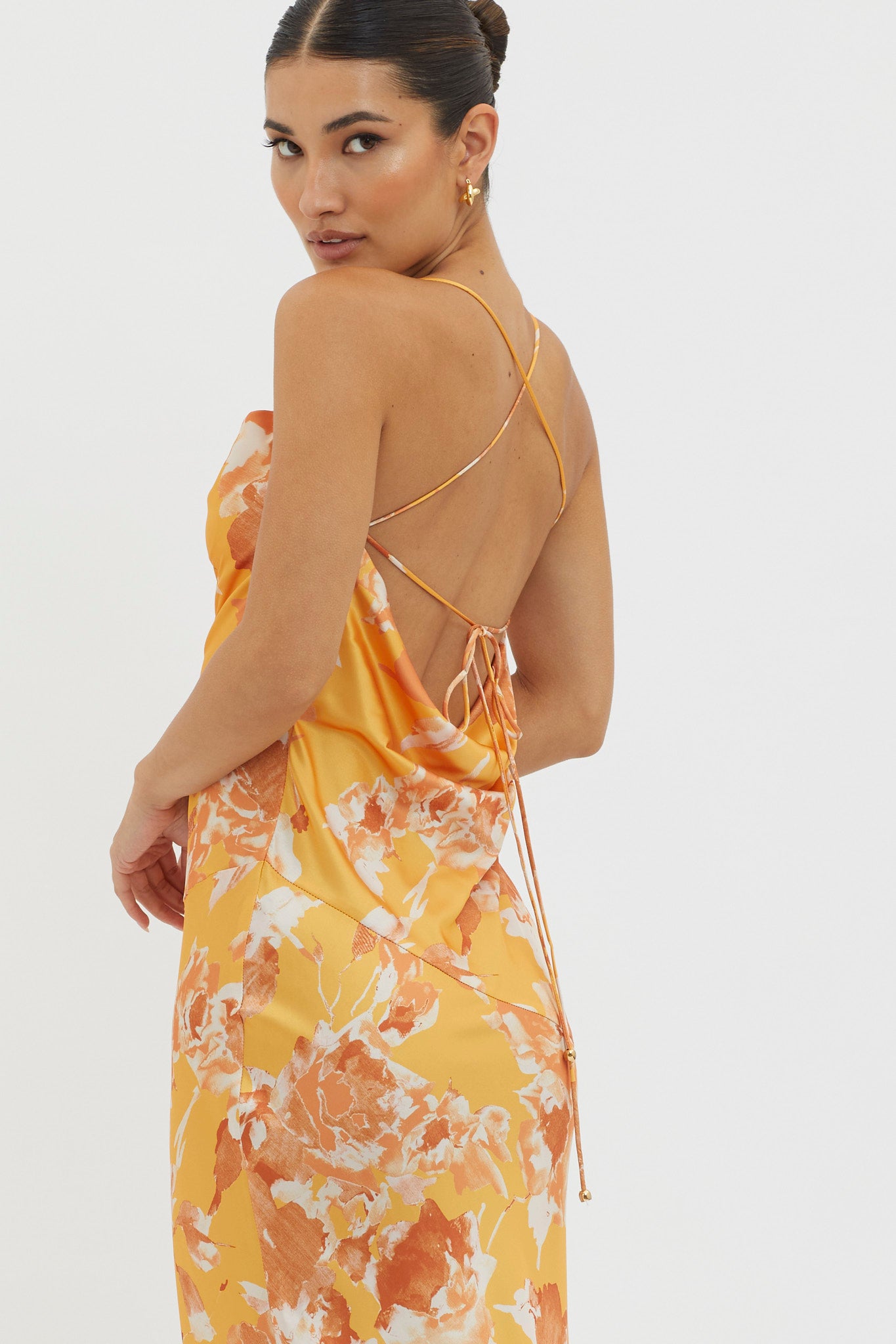 Dream Walk Cowl Back Tied Dress Print Orange by Selfie Leslie Australia