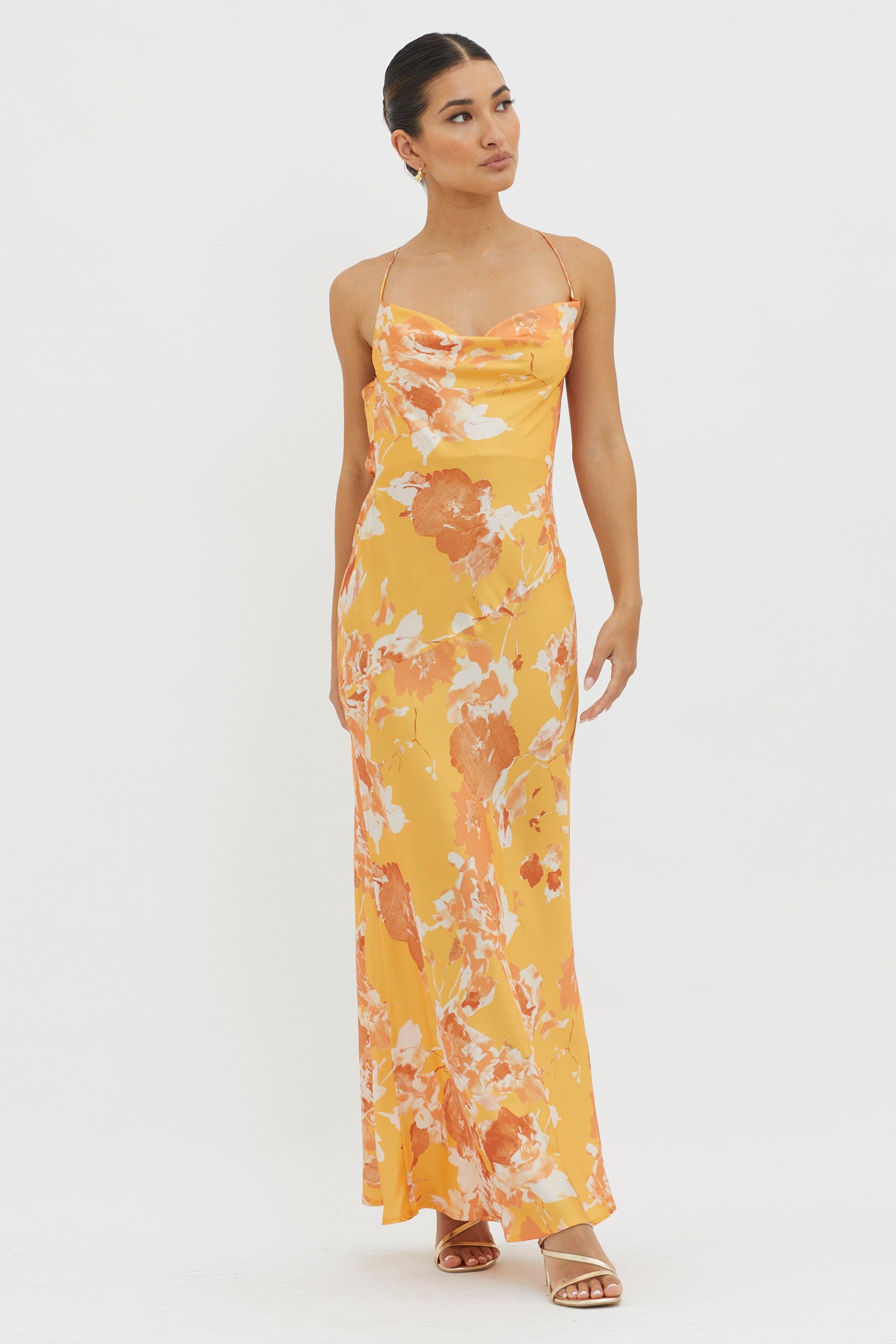 Dream Walk Cowl Back Tied Dress Print Orange by Selfie Leslie Australia