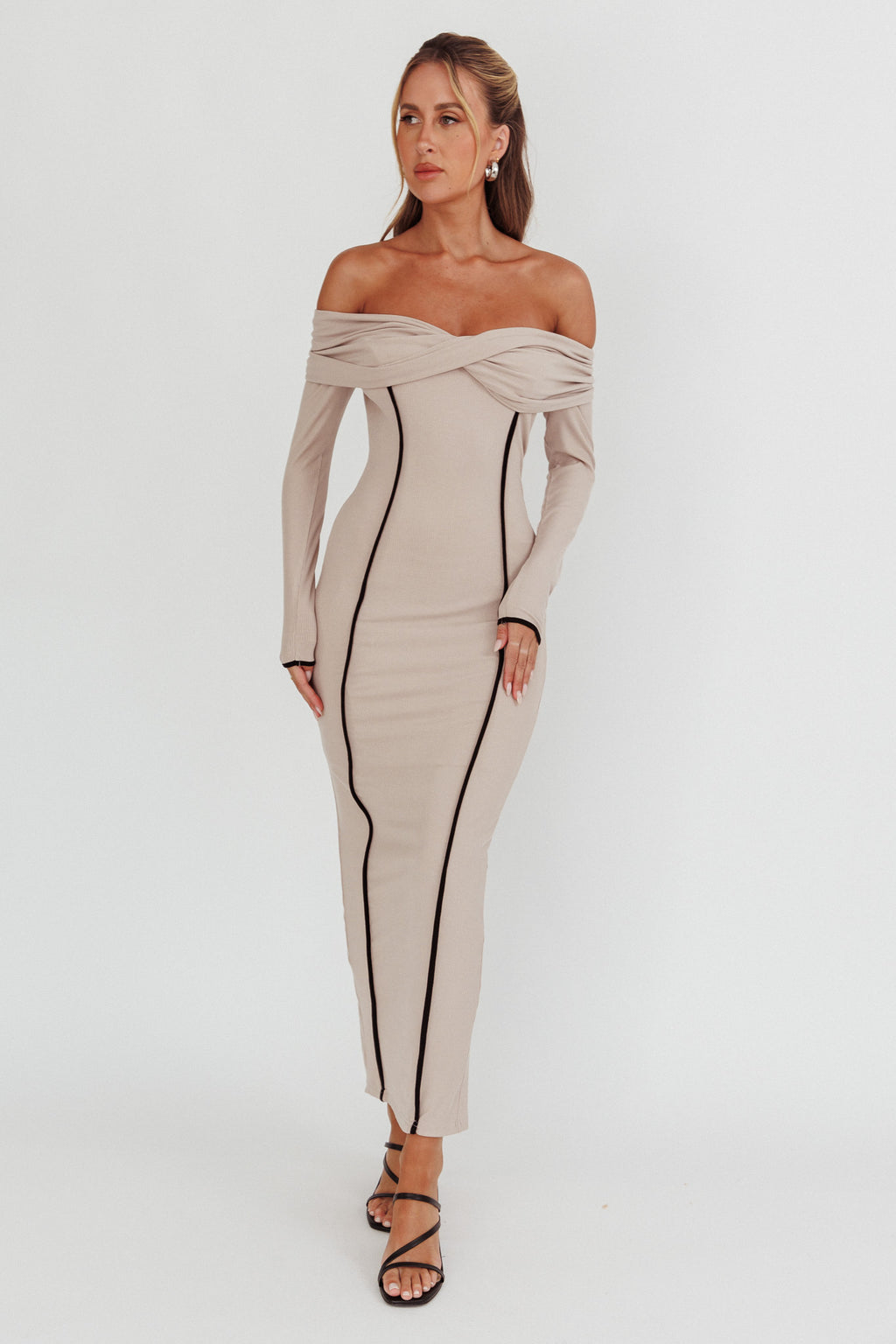 Genesis Off-Shoulder Long Sleeve Maxi Dress Pebble by Selfie Leslie Australia