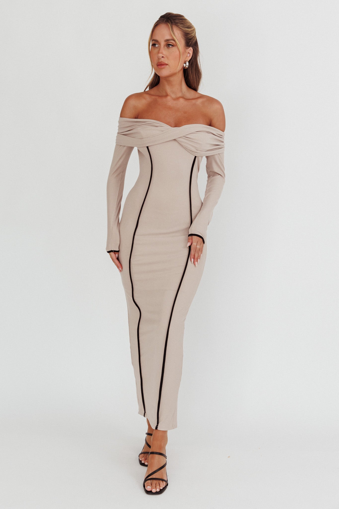 Genesis Off-Shoulder Long Sleeve Maxi Dress Pebble by Selfie Leslie Australia
