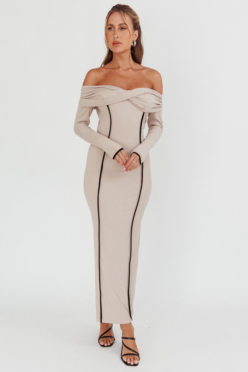 Genesis Off-Shoulder Long Sleeve Maxi Dress Pebble by Selfie Leslie Australia