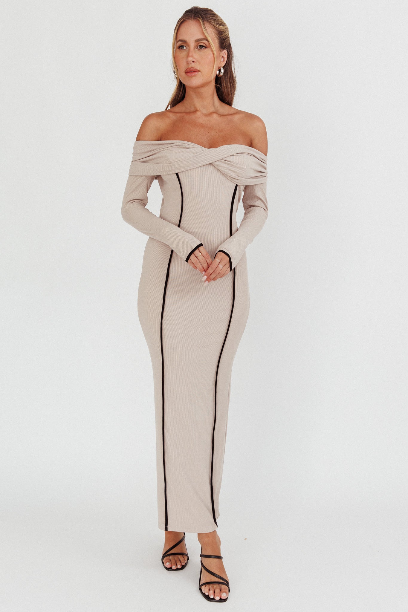 Genesis Off-Shoulder Long Sleeve Maxi Dress Pebble by Selfie Leslie Australia