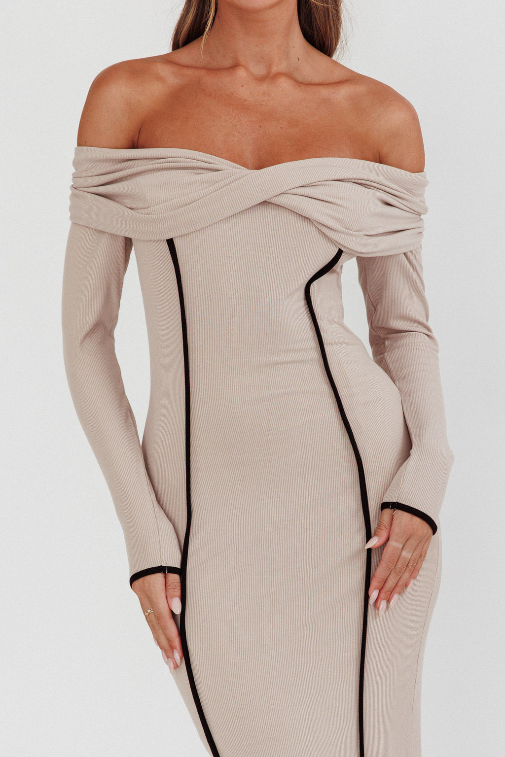 Genesis Off-Shoulder Long Sleeve Maxi Dress Pebble by Selfie Leslie Australia