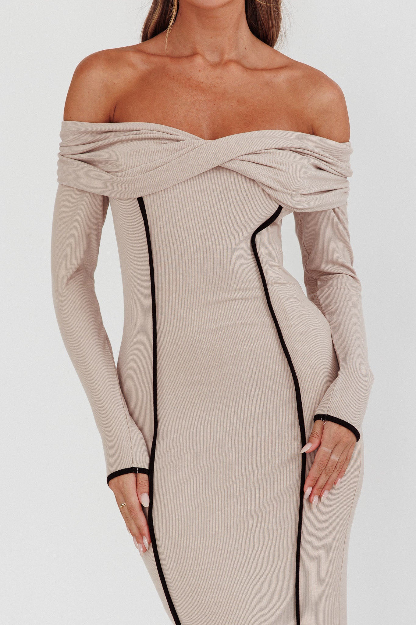 Genesis Off-Shoulder Long Sleeve Maxi Dress Pebble by Selfie Leslie Australia