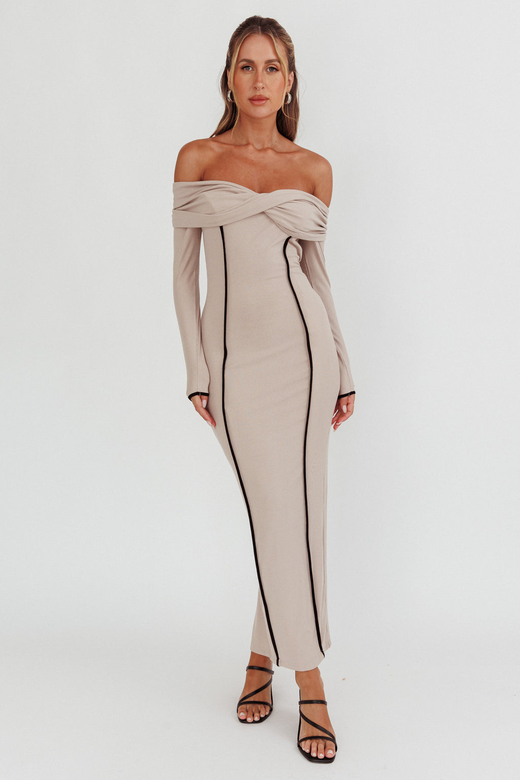 Genesis Off-Shoulder Long Sleeve Maxi Dress Pebble by Selfie Leslie Australia