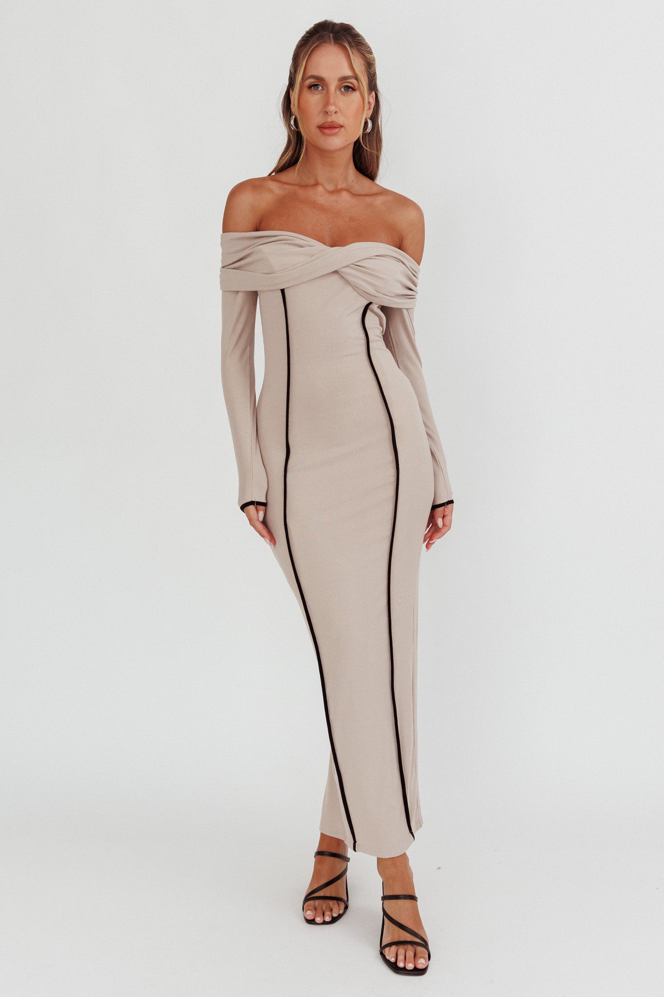 Genesis Off-Shoulder Long Sleeve Maxi Dress Pebble by Selfie Leslie Australia