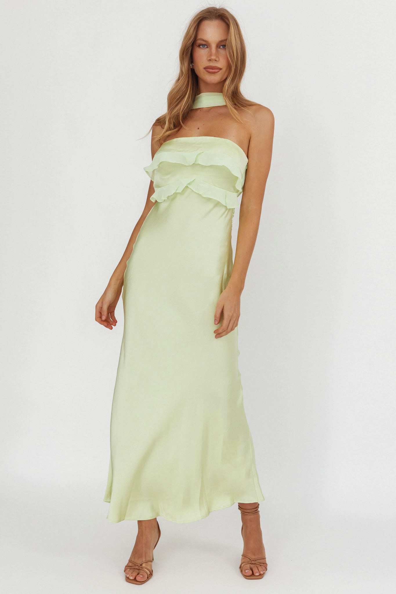 Damsel Reverse Halter Frill Trim Maxi Dress Sage by Selfie Leslie Australia