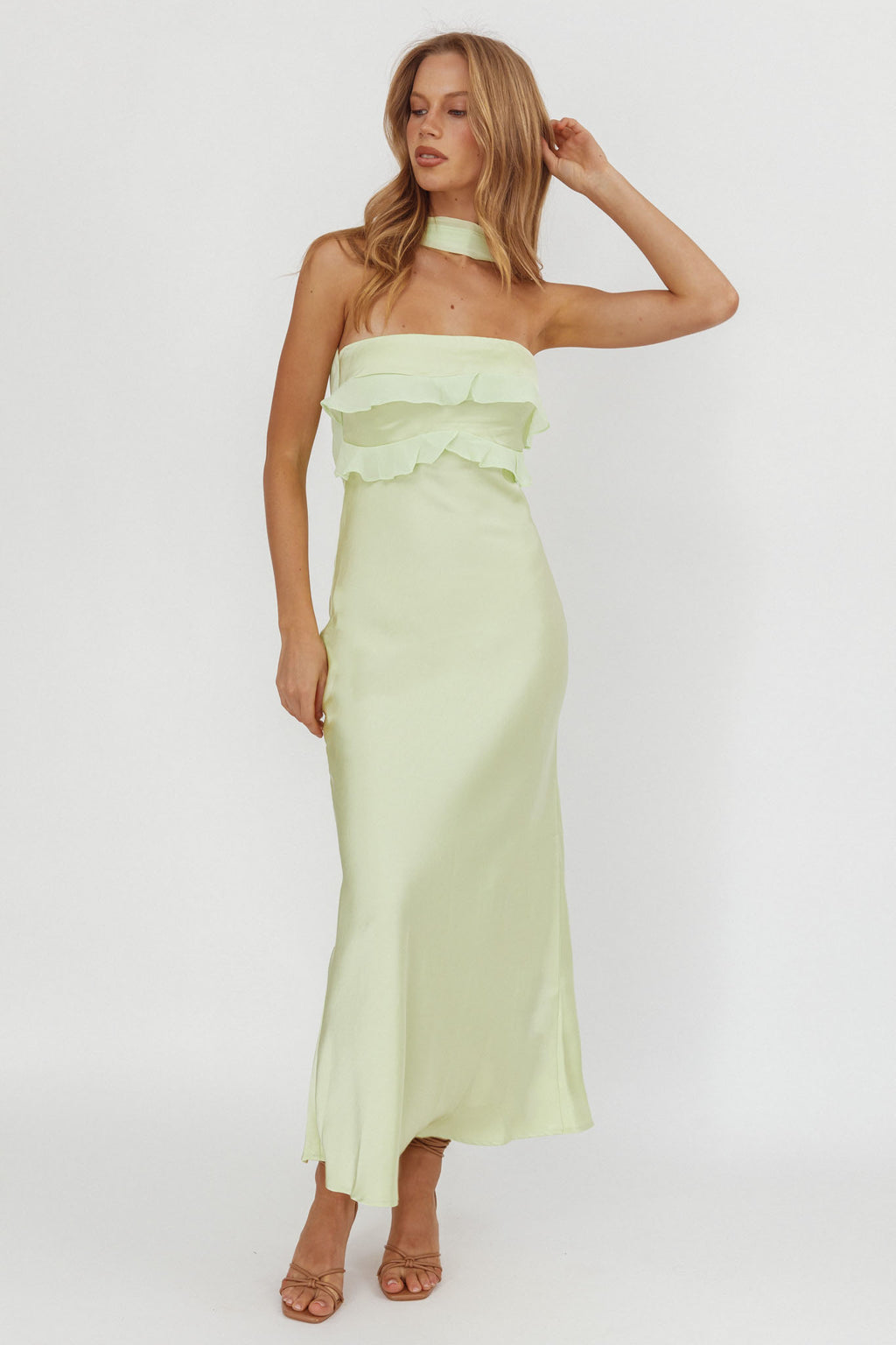 Damsel Reverse Halter Frill Trim Maxi Dress Sage by Selfie Leslie Australia