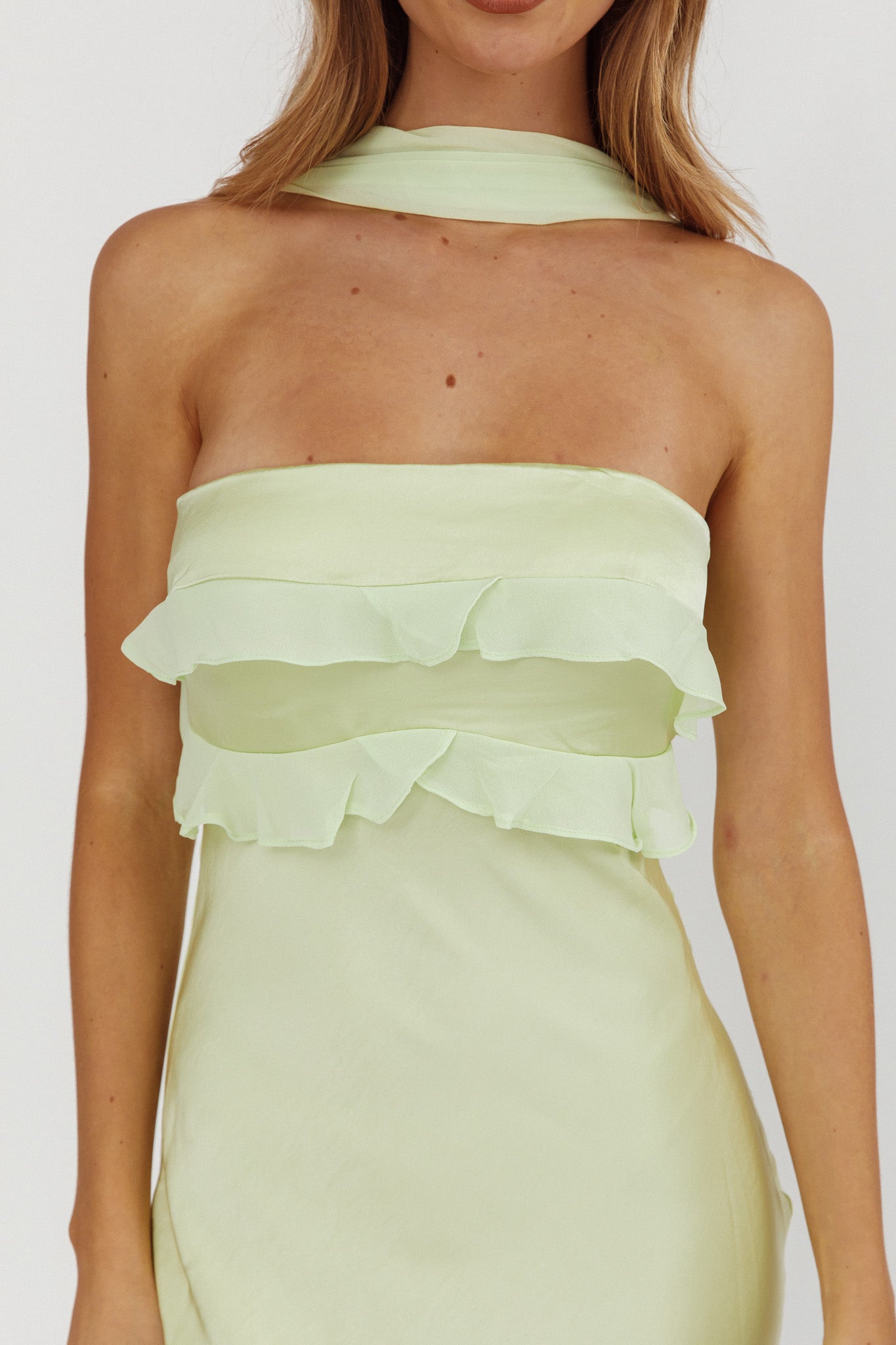 Damsel Reverse Halter Frill Trim Maxi Dress Sage by Selfie Leslie Australia