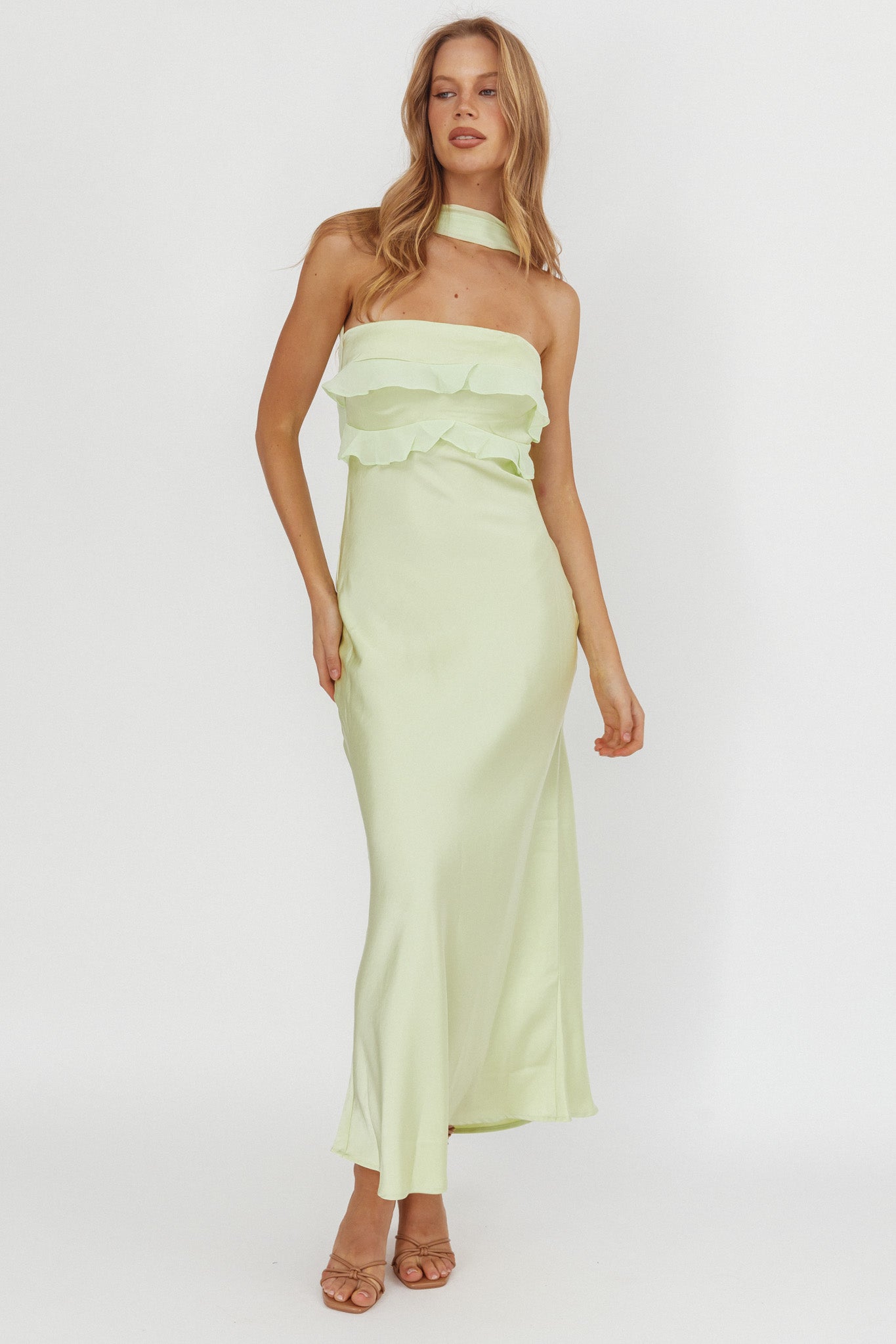 Damsel Reverse Halter Frill Trim Maxi Dress Sage by Selfie Leslie Australia