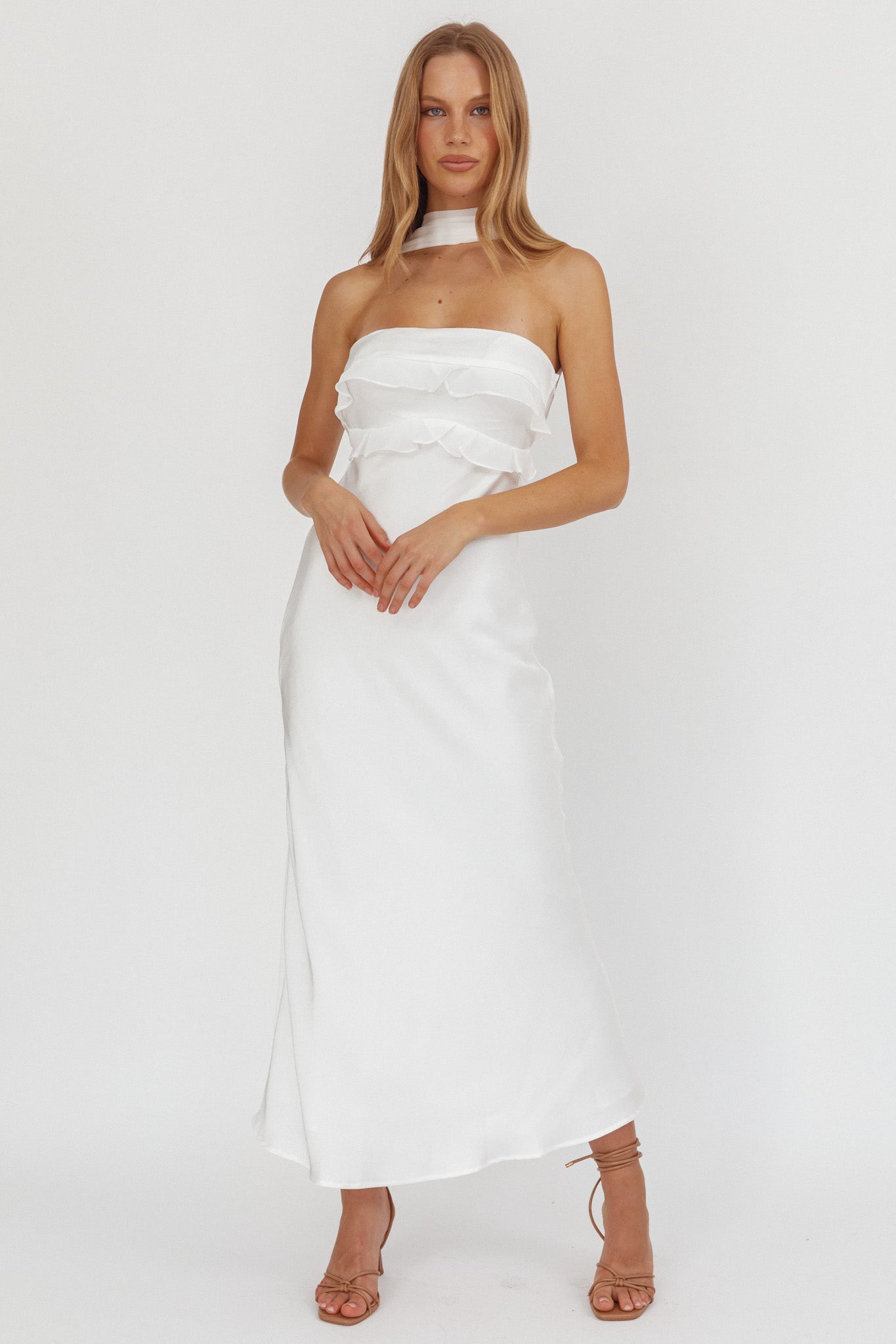 Damsel Reverse Halter Frill Trim Maxi Dress White by Selfie Leslie Australia