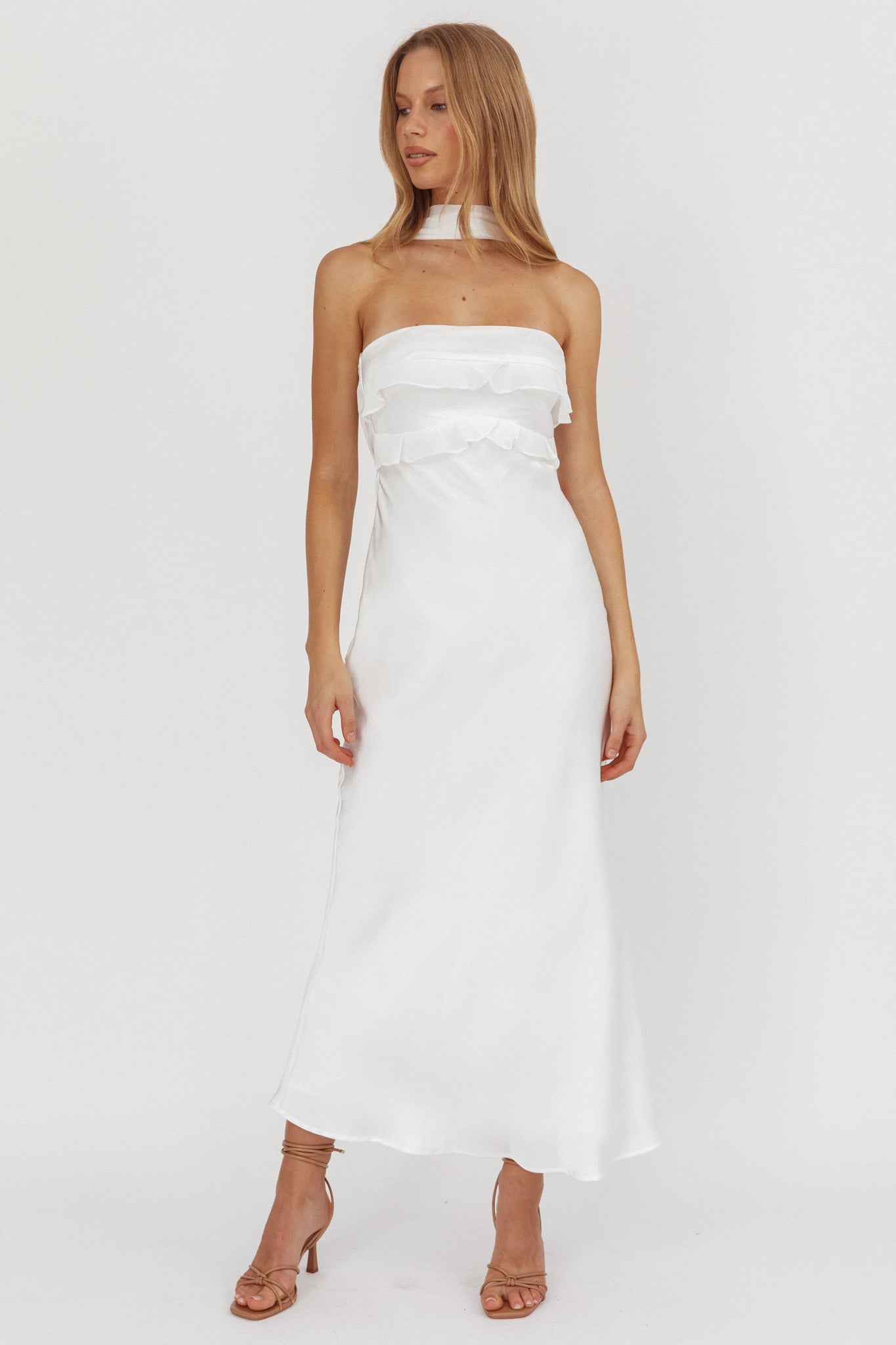 Damsel Reverse Halter Frill Trim Maxi Dress White by Selfie Leslie Australia