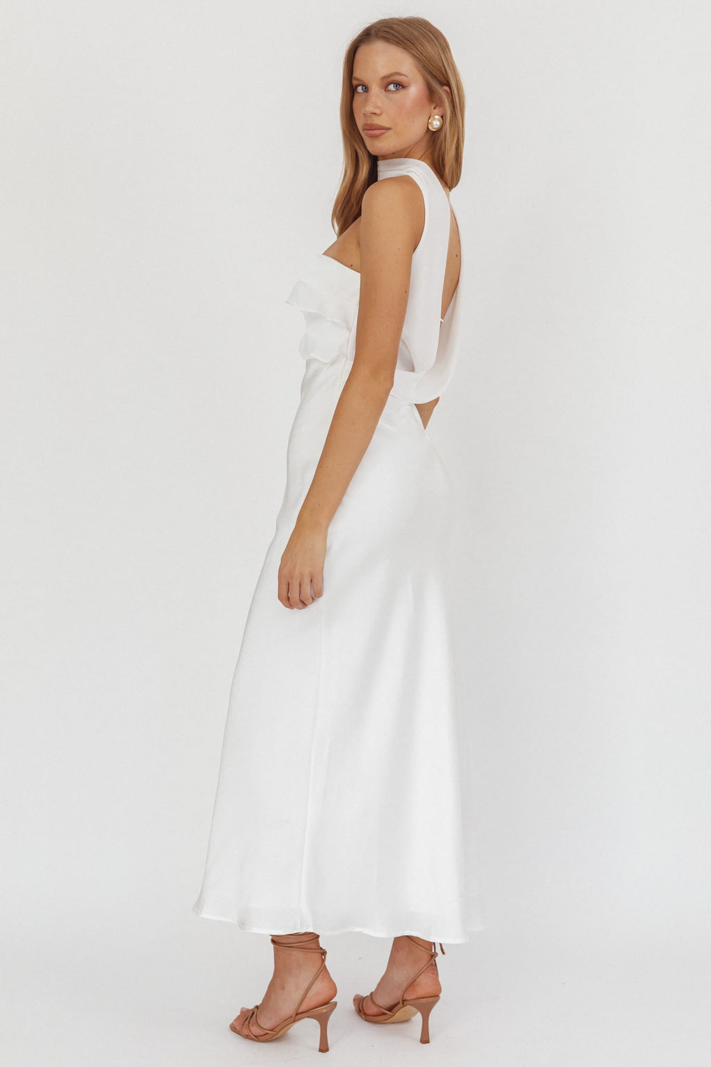 Damsel Reverse Halter Frill Trim Maxi Dress White by Selfie Leslie Australia