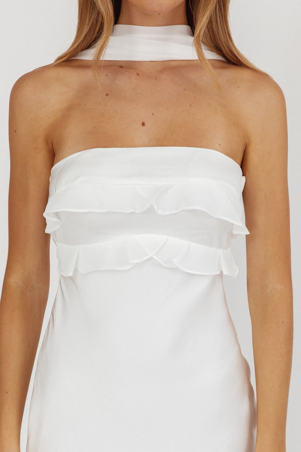Damsel Reverse Halter Frill Trim Maxi Dress White by Selfie Leslie Australia
