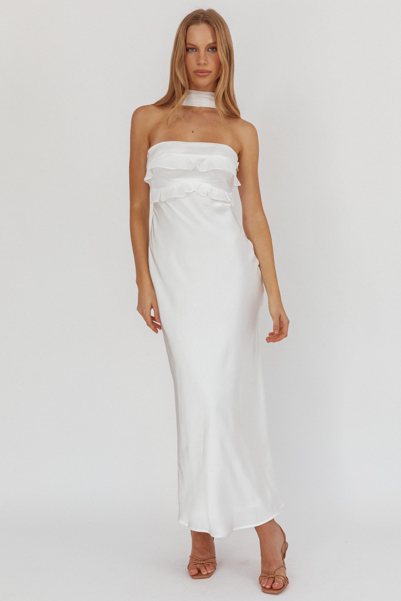Damsel Reverse Halter Frill Trim Maxi Dress White by Selfie Leslie Australia