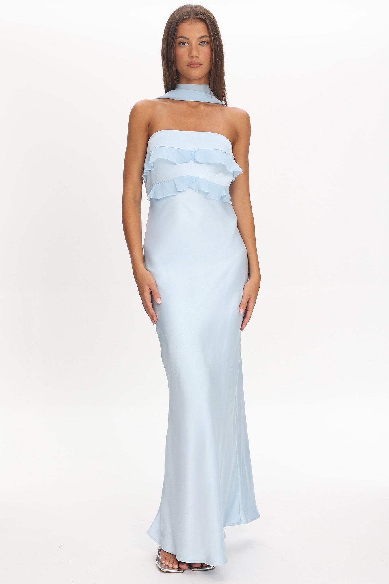 Damsel Reverse Halter Frill Trim Maxi Dress Baby Blue by Selfie Leslie Australia