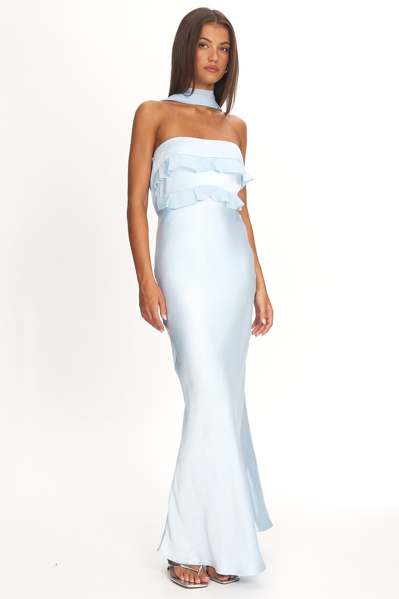 Damsel Reverse Halter Frill Trim Maxi Dress Baby Blue by Selfie Leslie Australia