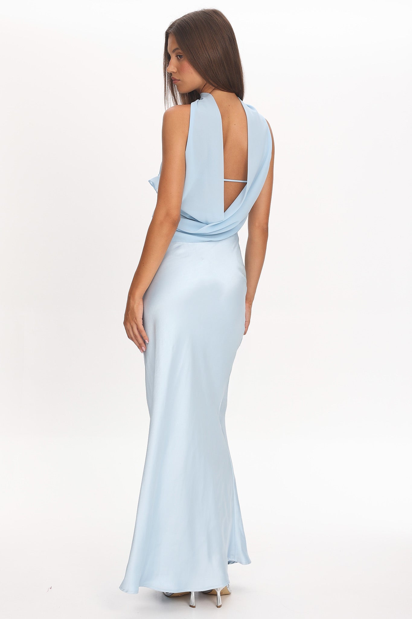 Damsel Reverse Halter Frill Trim Maxi Dress Baby Blue by Selfie Leslie Australia
