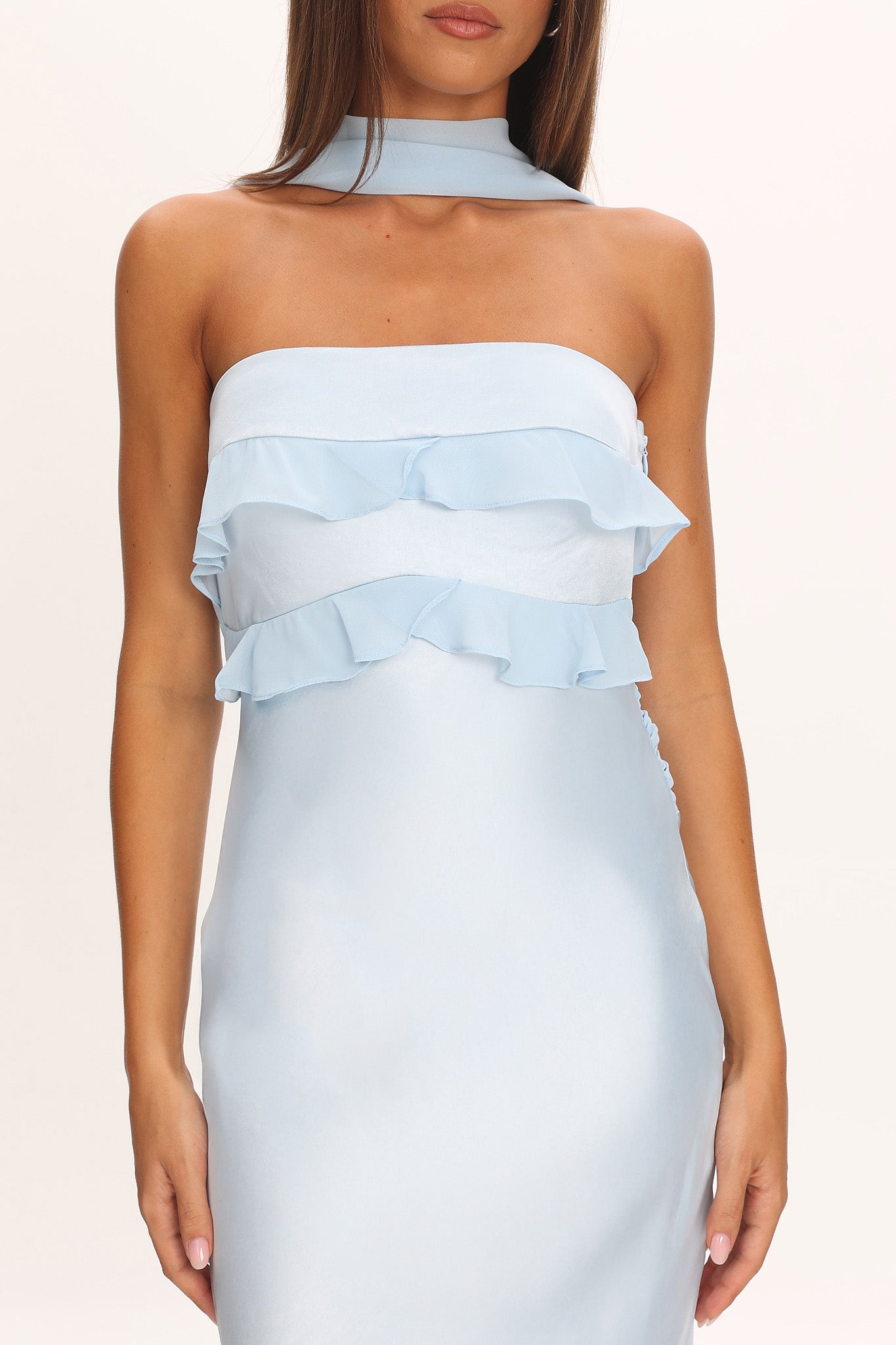 Damsel Reverse Halter Frill Trim Maxi Dress Baby Blue by Selfie Leslie Australia