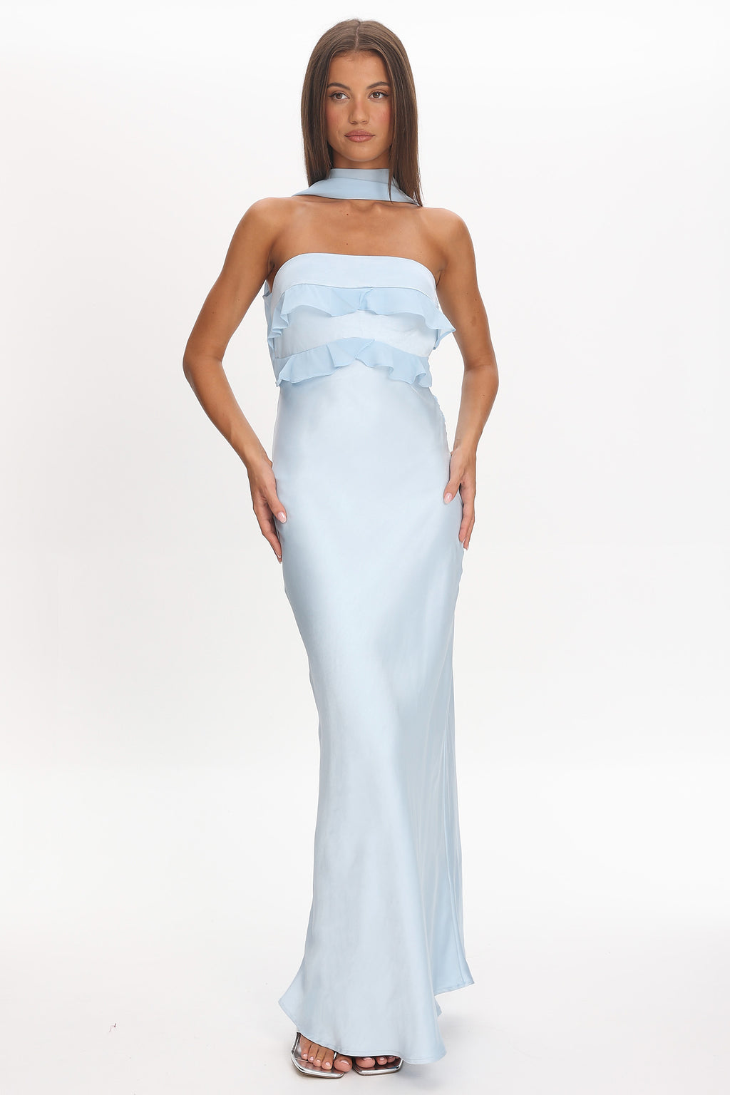 Damsel Reverse Halter Frill Trim Maxi Dress Baby Blue by Selfie Leslie Australia