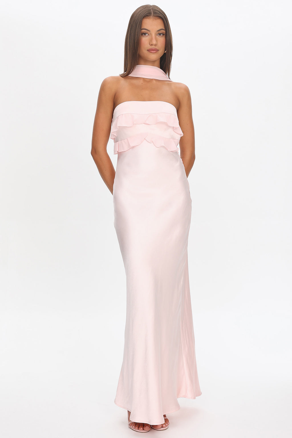 Damsel Reverse Halter Frill Trim Maxi Dress Blush by Selfie Leslie Australia