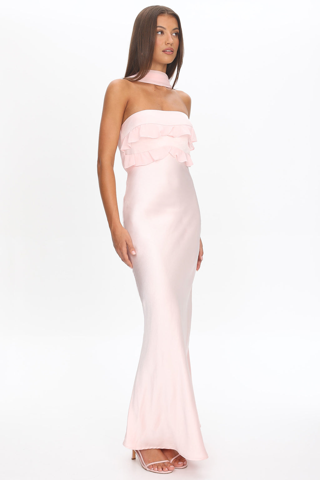 Damsel Reverse Halter Frill Trim Maxi Dress Blush by Selfie Leslie Australia