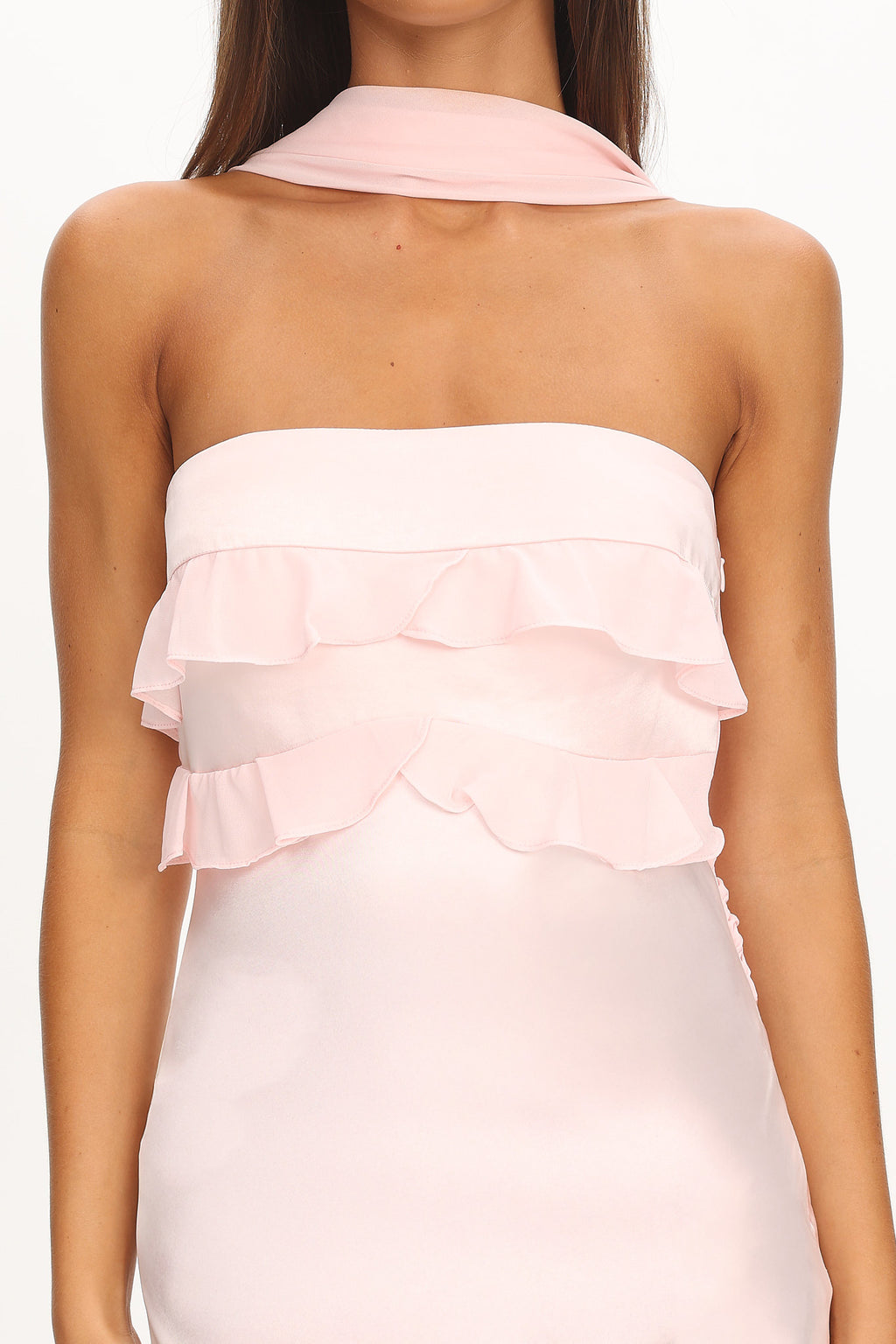 Damsel Reverse Halter Frill Trim Maxi Dress Blush by Selfie Leslie Australia
