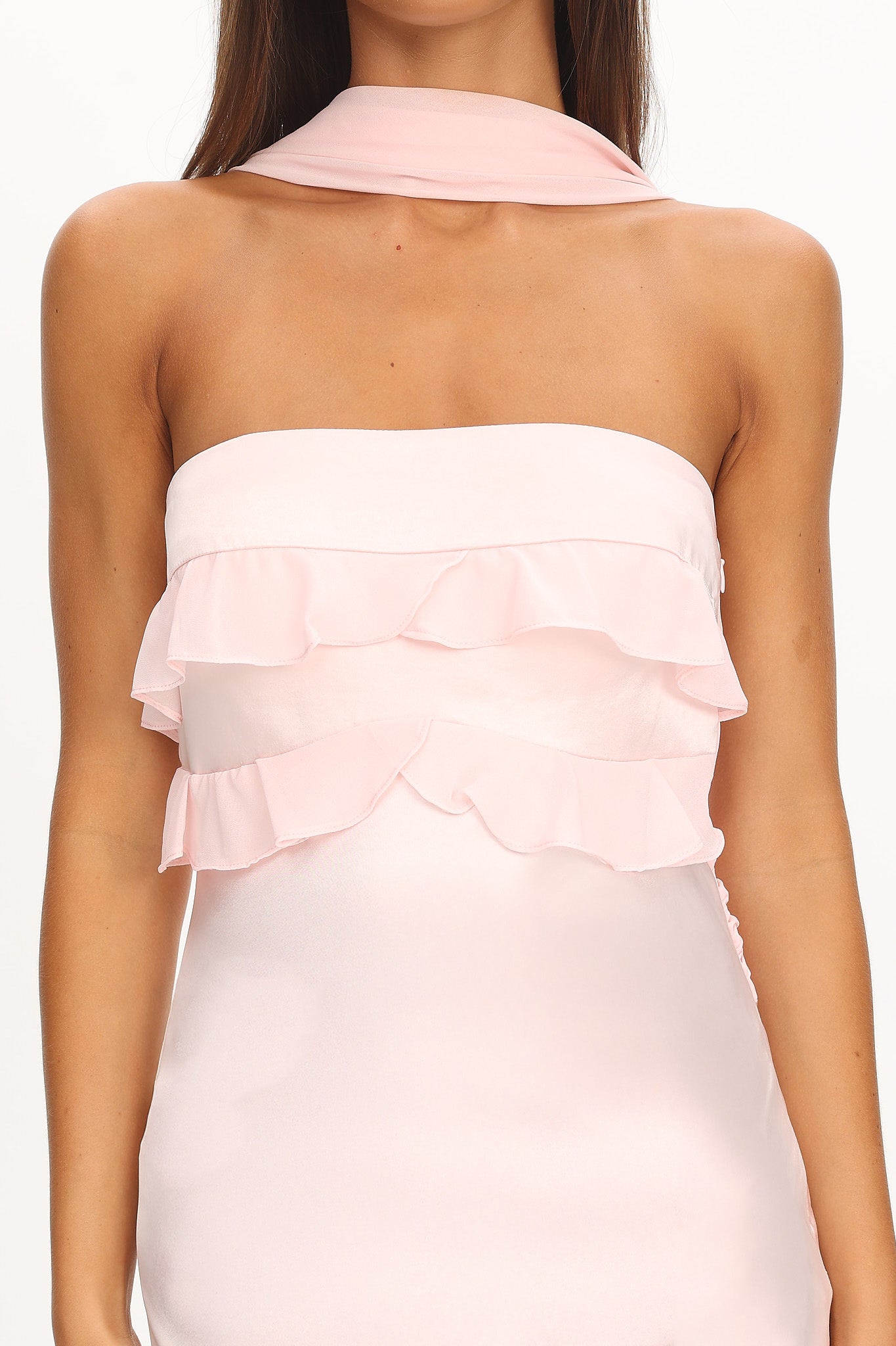Damsel Reverse Halter Frill Trim Maxi Dress Blush by Selfie Leslie Australia