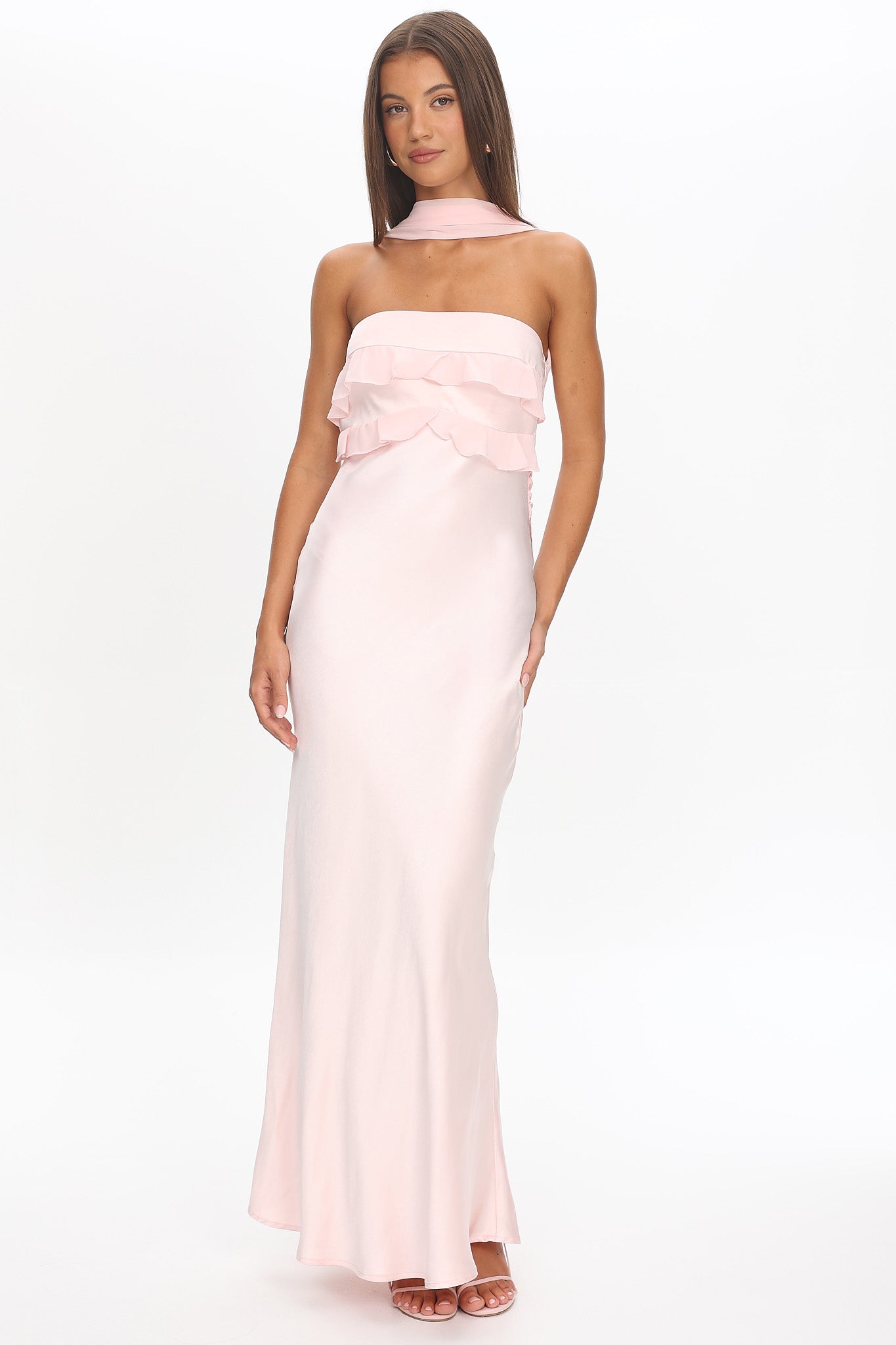 Damsel Reverse Halter Frill Trim Maxi Dress Blush by Selfie Leslie Australia