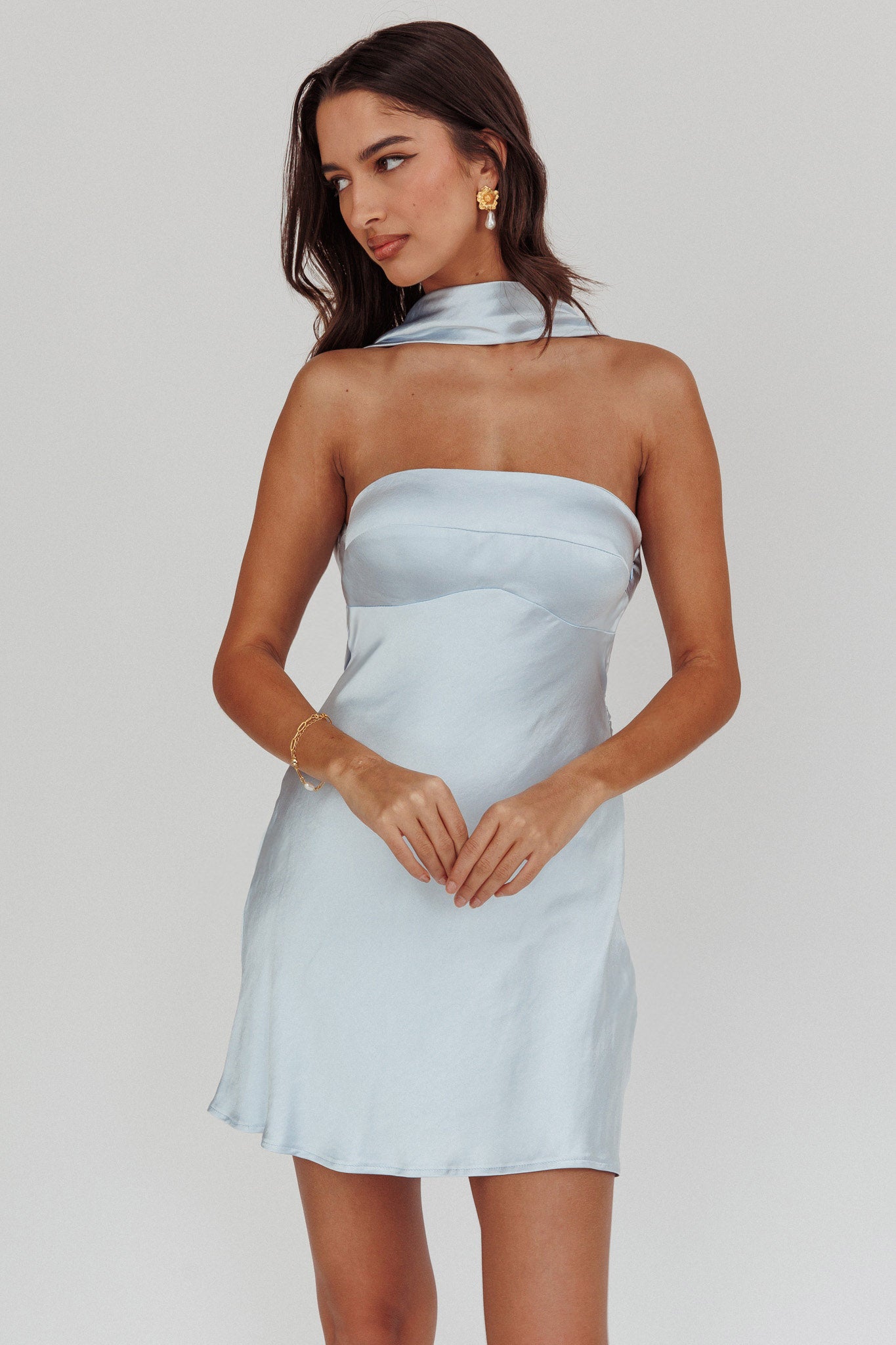 Damsel Reverse Halter Mini Dress Blue by Selfie Leslie Australia
