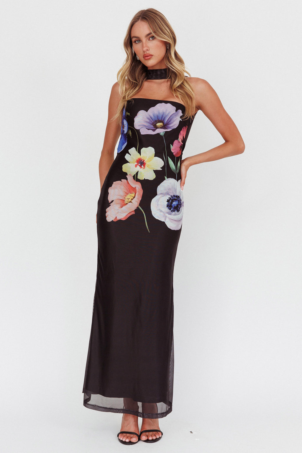Damsel Reverse Halter Mesh Maxi Dress Flower Black by Selfie Leslie Australia