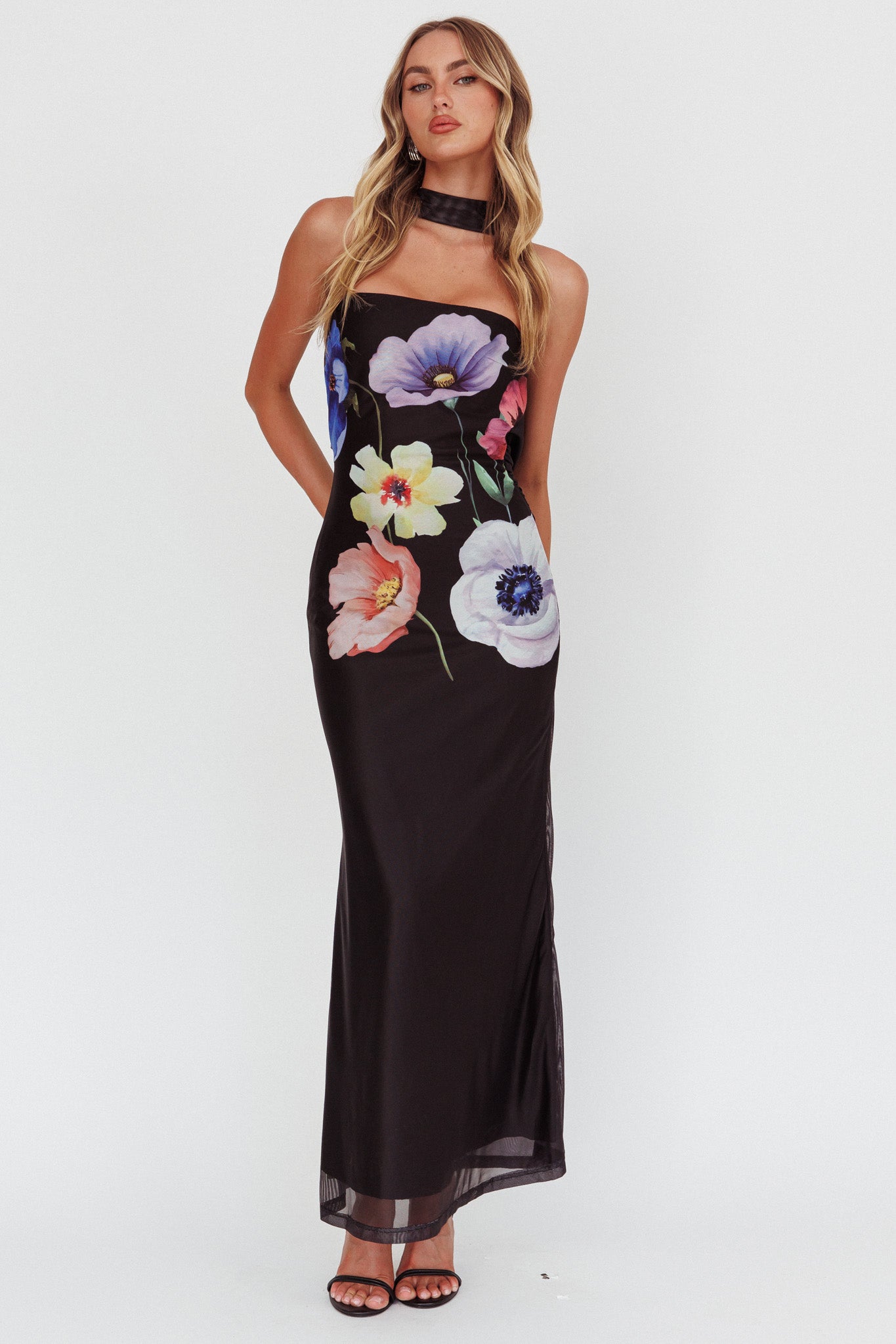 Damsel Reverse Halter Mesh Maxi Dress Flower Black by Selfie Leslie Australia