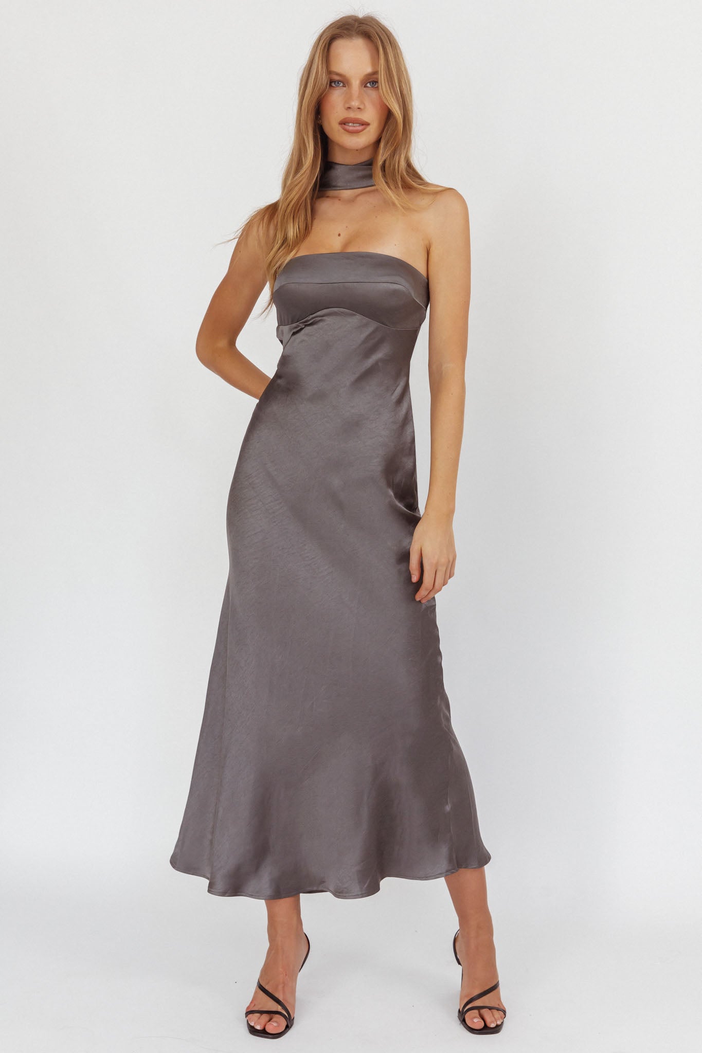 Damsel Reverse Halter Maxi Dress Satin Charcoal by Selfie Leslie Australia