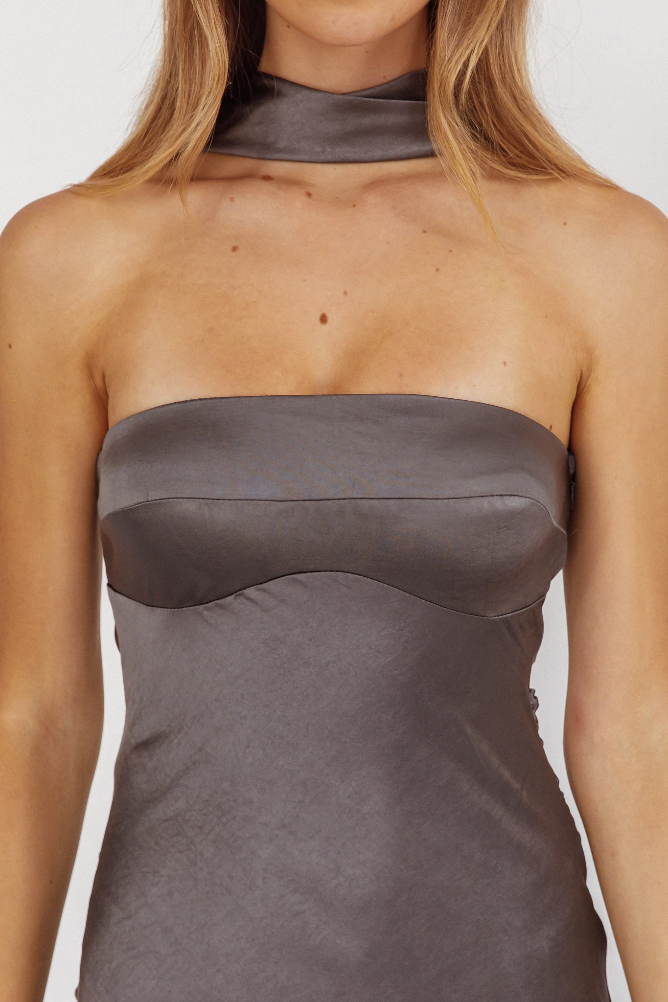 Damsel Reverse Halter Maxi Dress Satin Charcoal by Selfie Leslie Australia