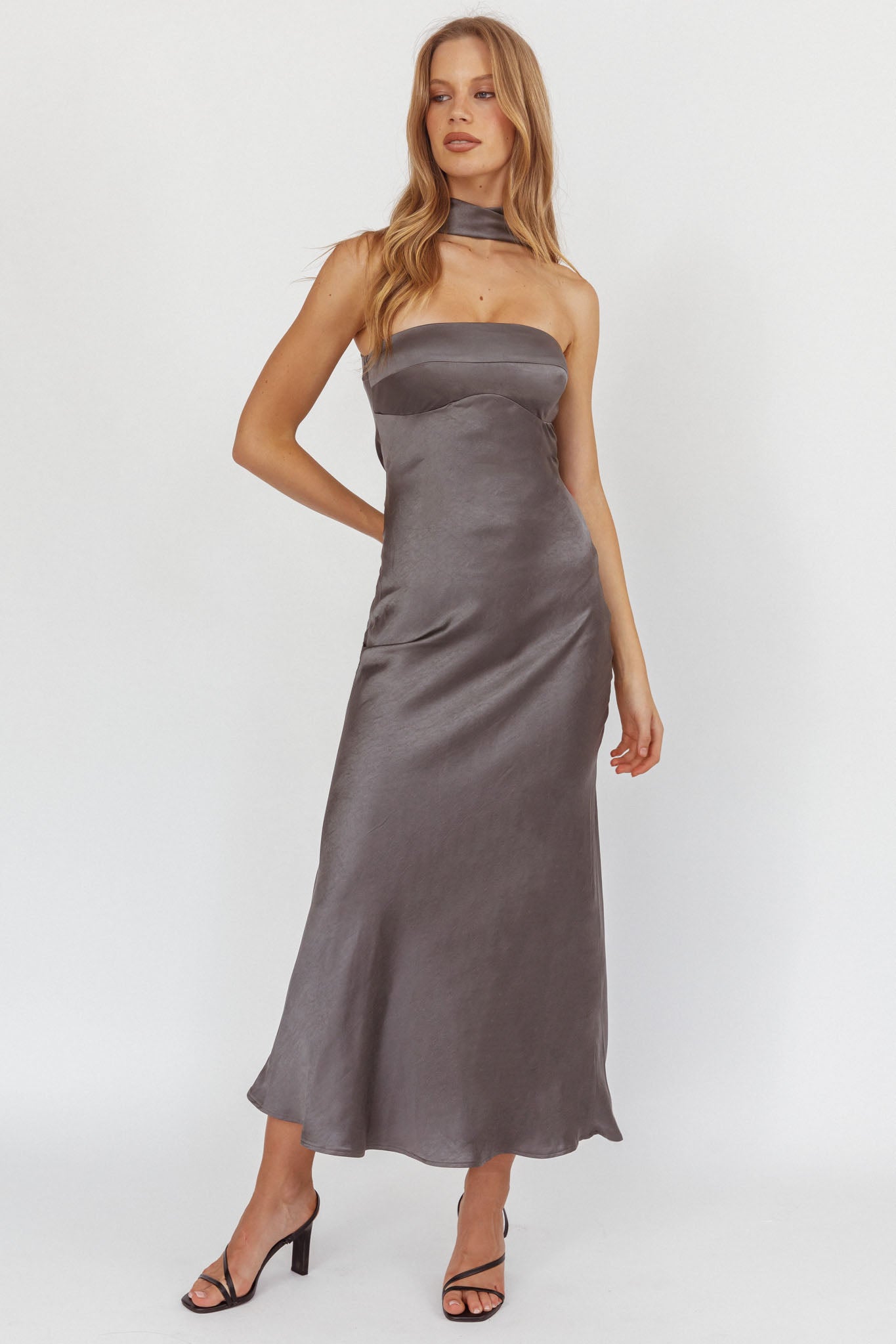 Damsel Reverse Halter Maxi Dress Satin Charcoal by Selfie Leslie Australia