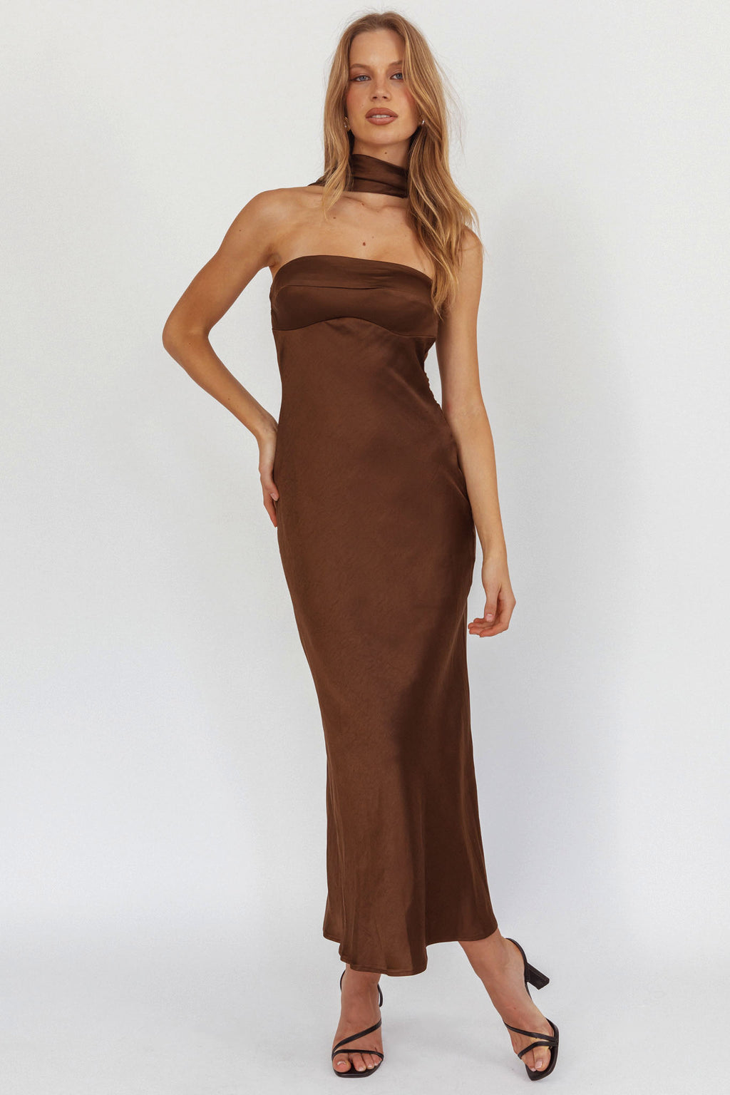 Damsel Reverse Halter Maxi Dress Satin Chocolate by Selfie Leslie Australia