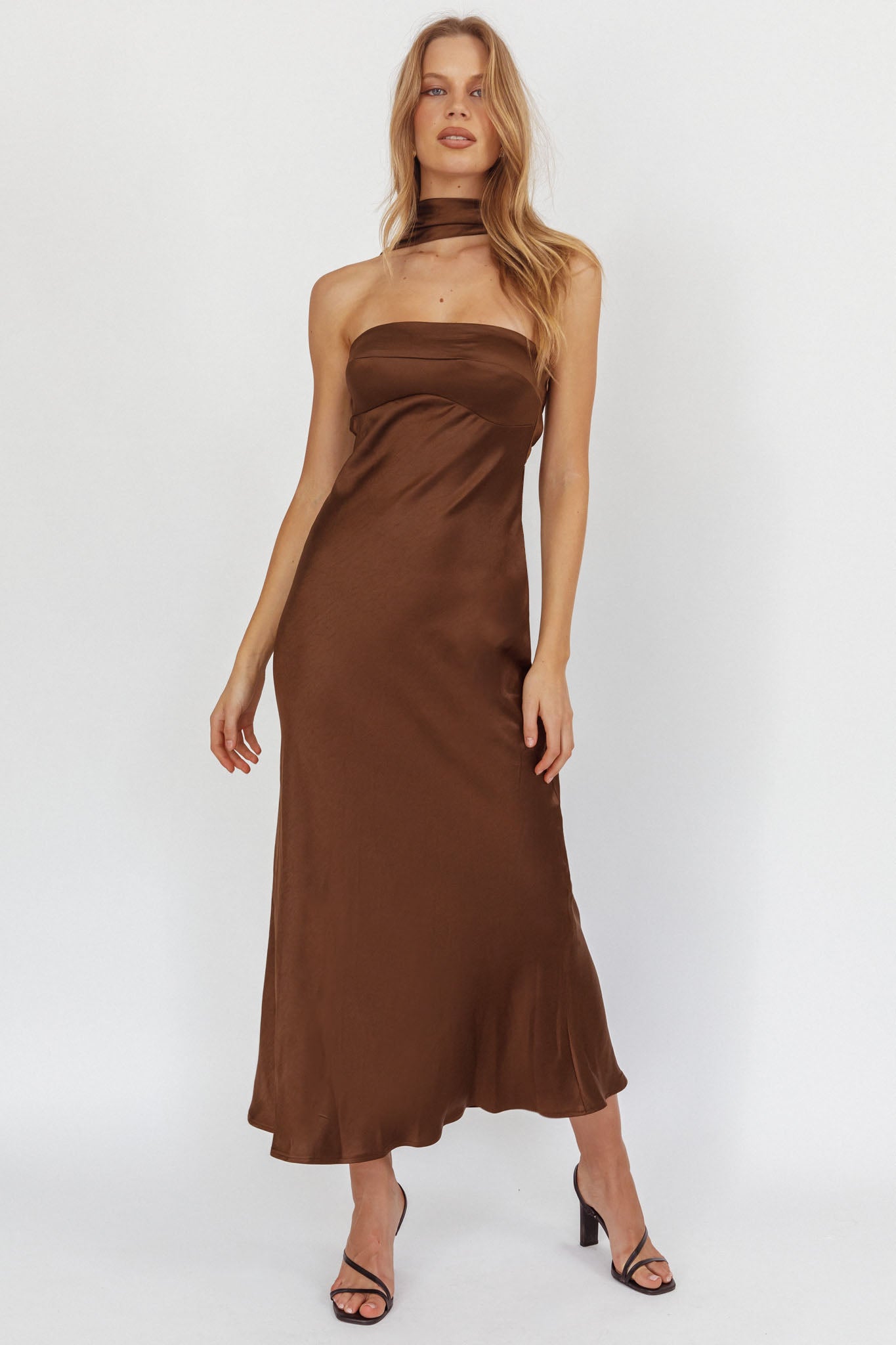 Damsel Reverse Halter Maxi Dress Satin Chocolate by Selfie Leslie Australia
