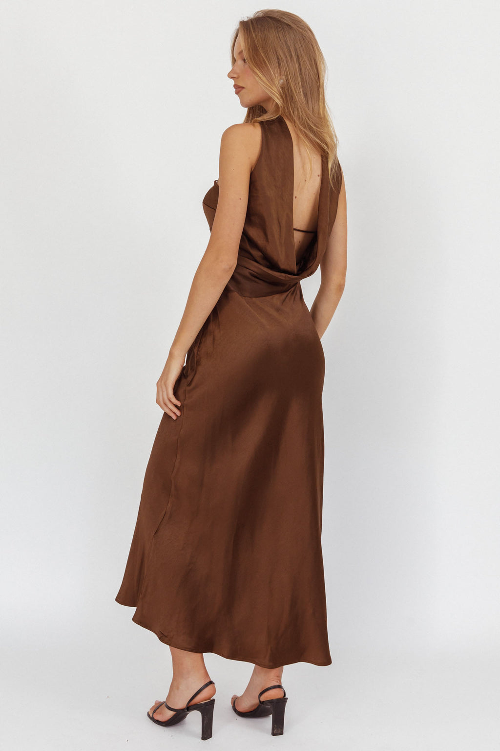 Damsel Reverse Halter Maxi Dress Satin Chocolate by Selfie Leslie Australia