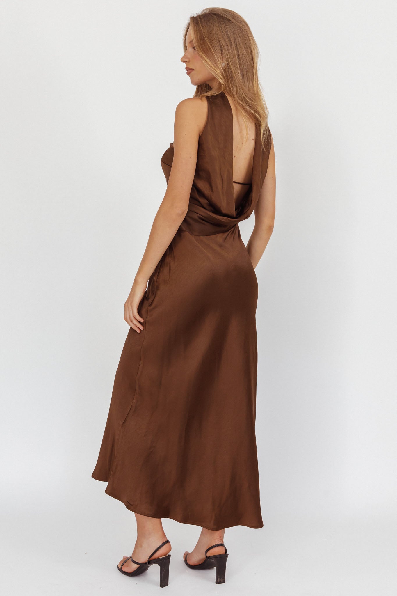 Damsel Reverse Halter Maxi Dress Satin Chocolate by Selfie Leslie Australia